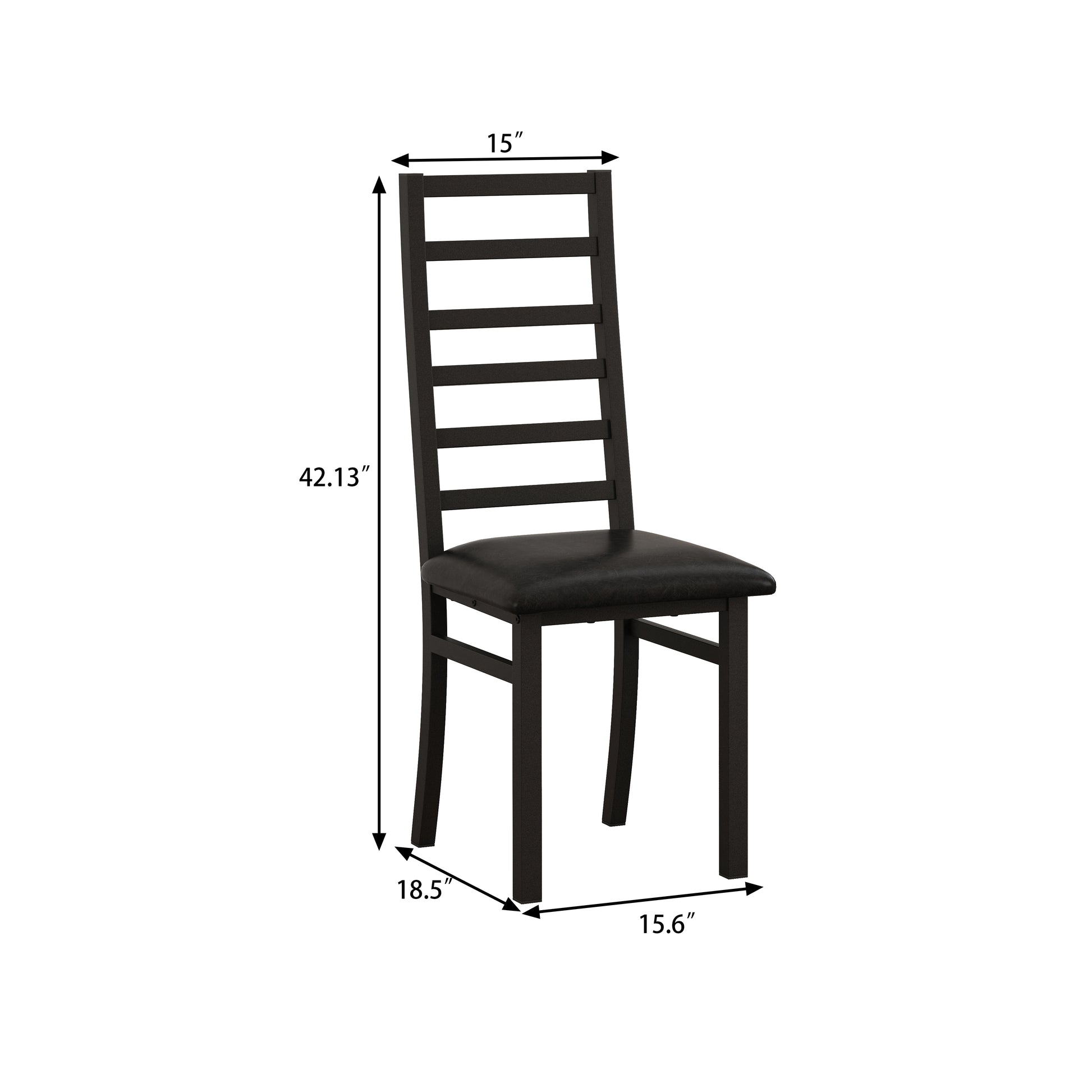 Black metal dining chair with slatted back and black faux leather seat