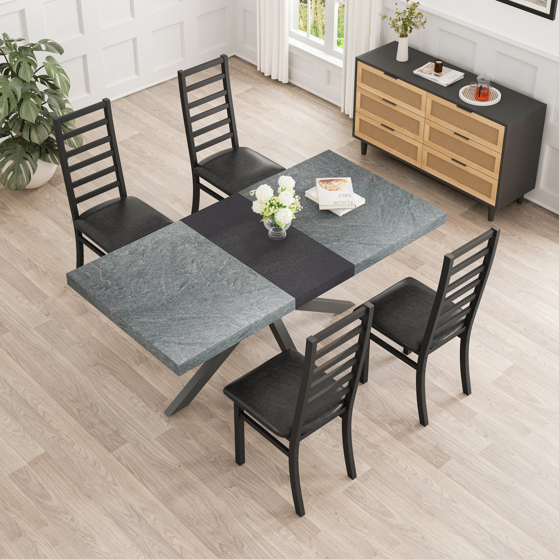 Modern black metal dining chair with upholstered seat