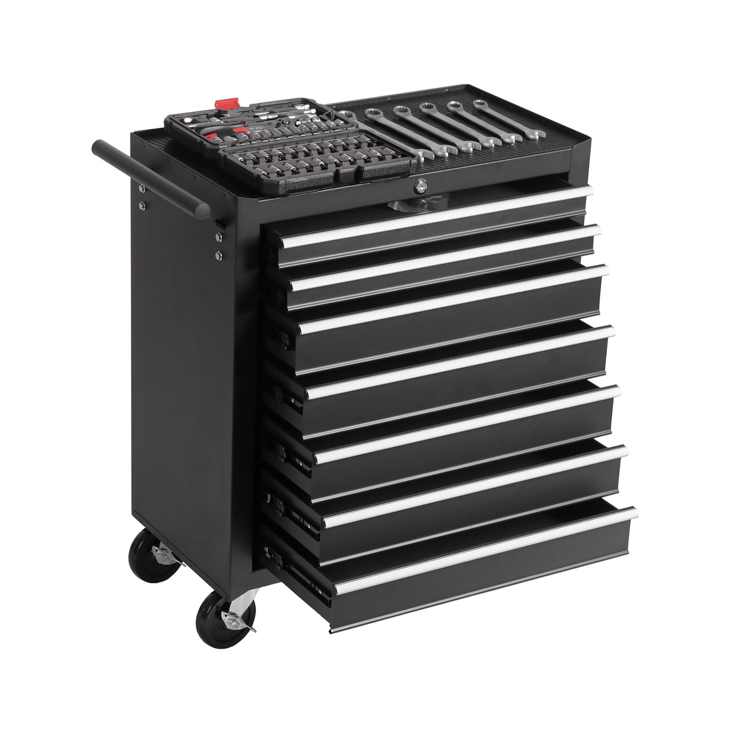 Black rolling tool chest with multiple drawers and a wrench set on top