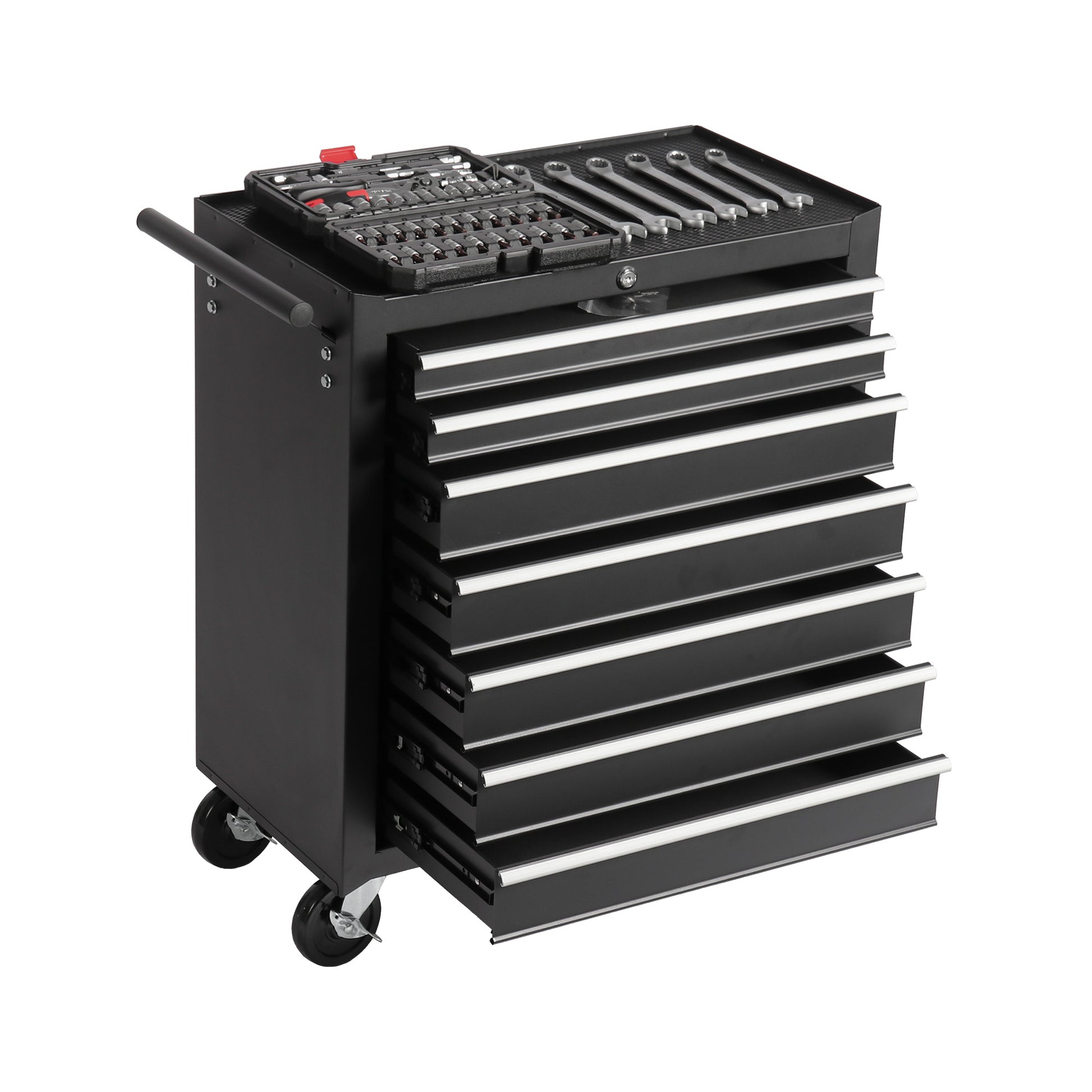 Black rolling tool chest with multiple drawers and a wrench set on top