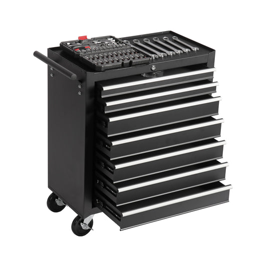 Black rolling tool chest with multiple drawers and a wrench set on top