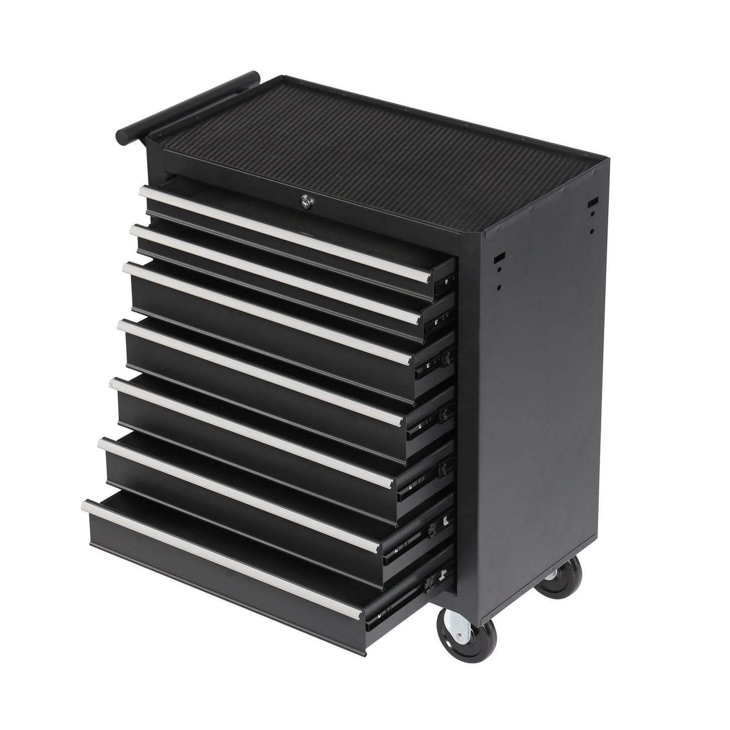 Black rolling tool chest with  drawers and silver handles