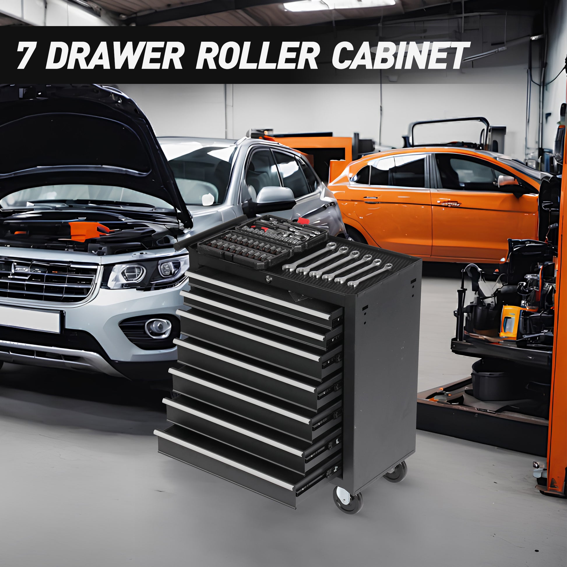 Black drawer roller cabinet with assorted tools
