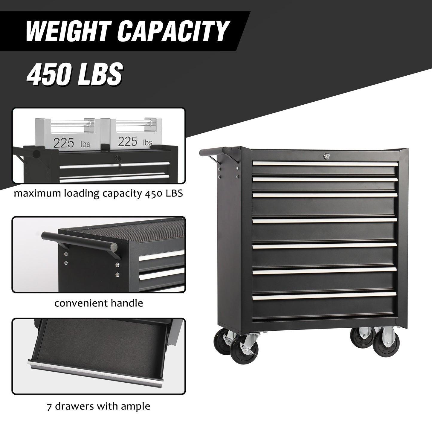 Black drawer tool chest with casters and ample storage