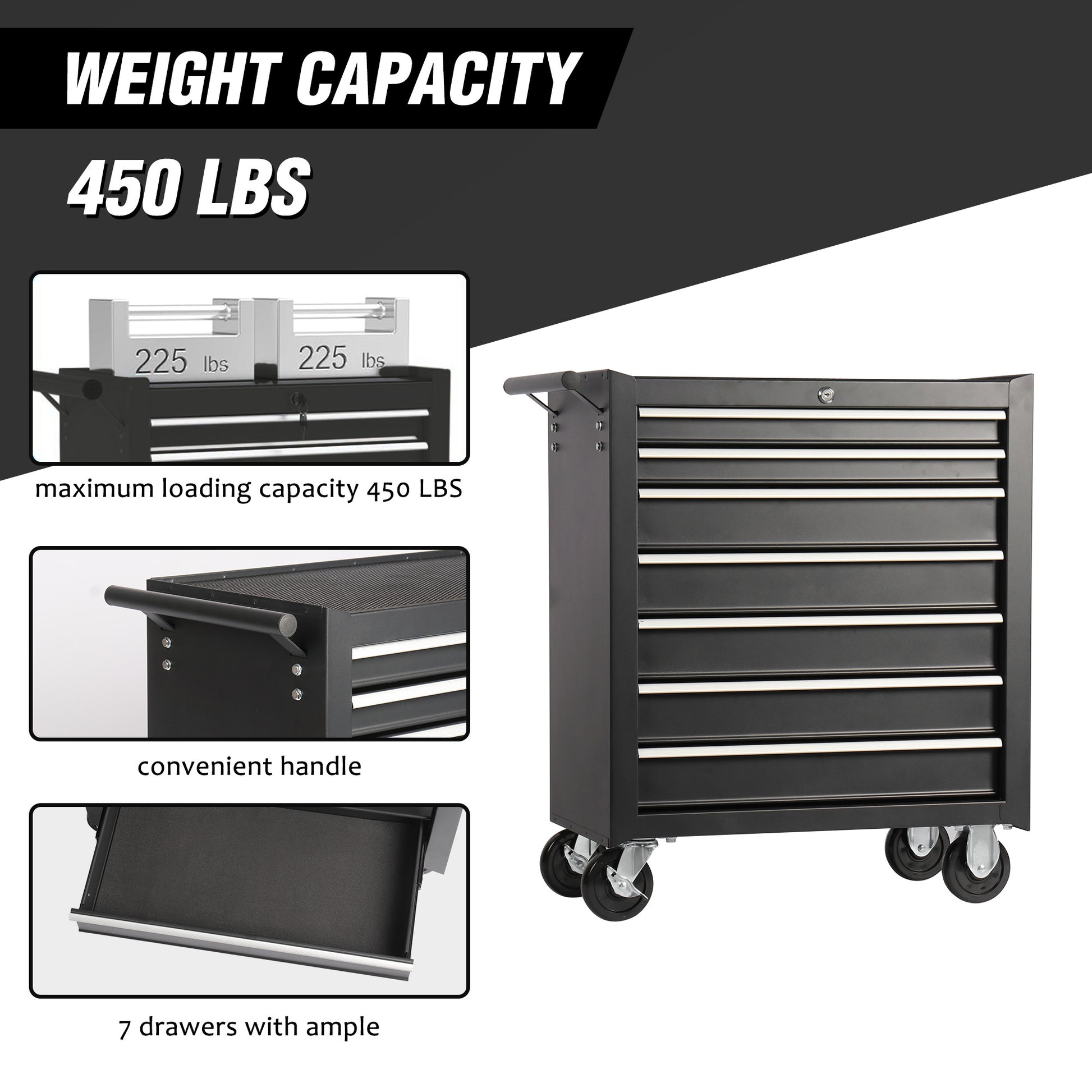 Black drawer tool chest with casters and ample storage