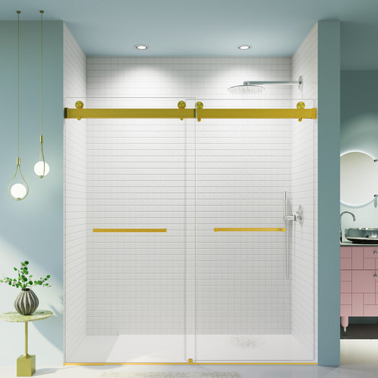 Modern goldaccented glass shower door with sliding mechanism