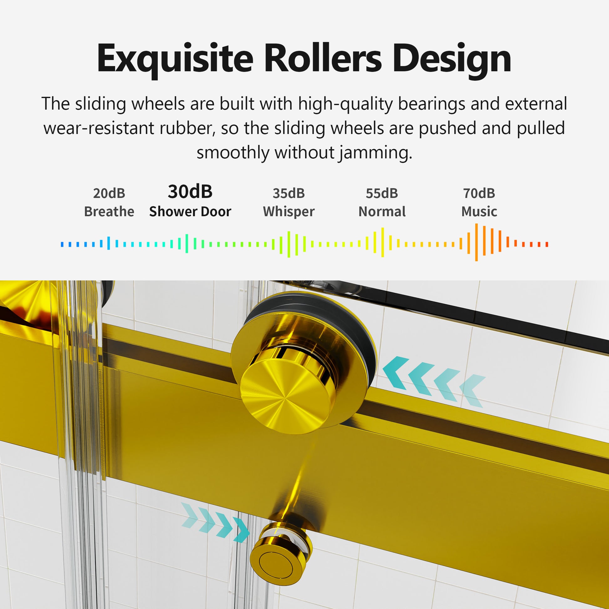 Closeup of gold sliding shower door rollers