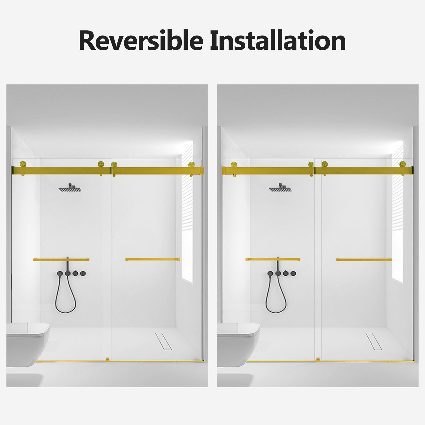 Modern goldaccented frameless glass shower door with reversible installation