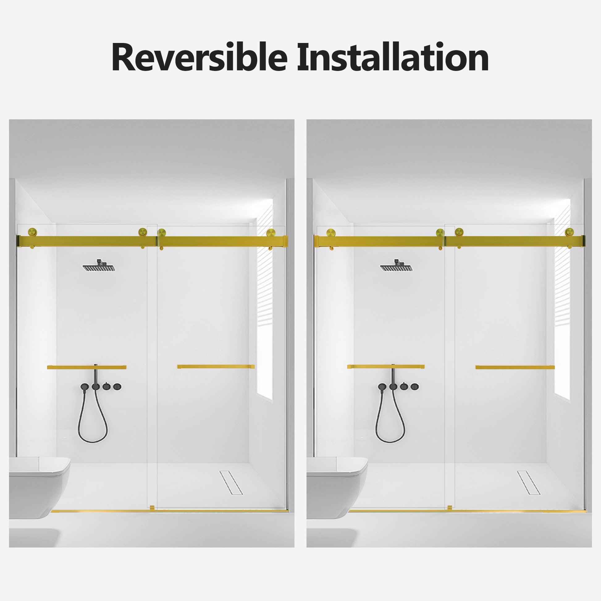 Modern goldaccented frameless glass shower door with reversible installation