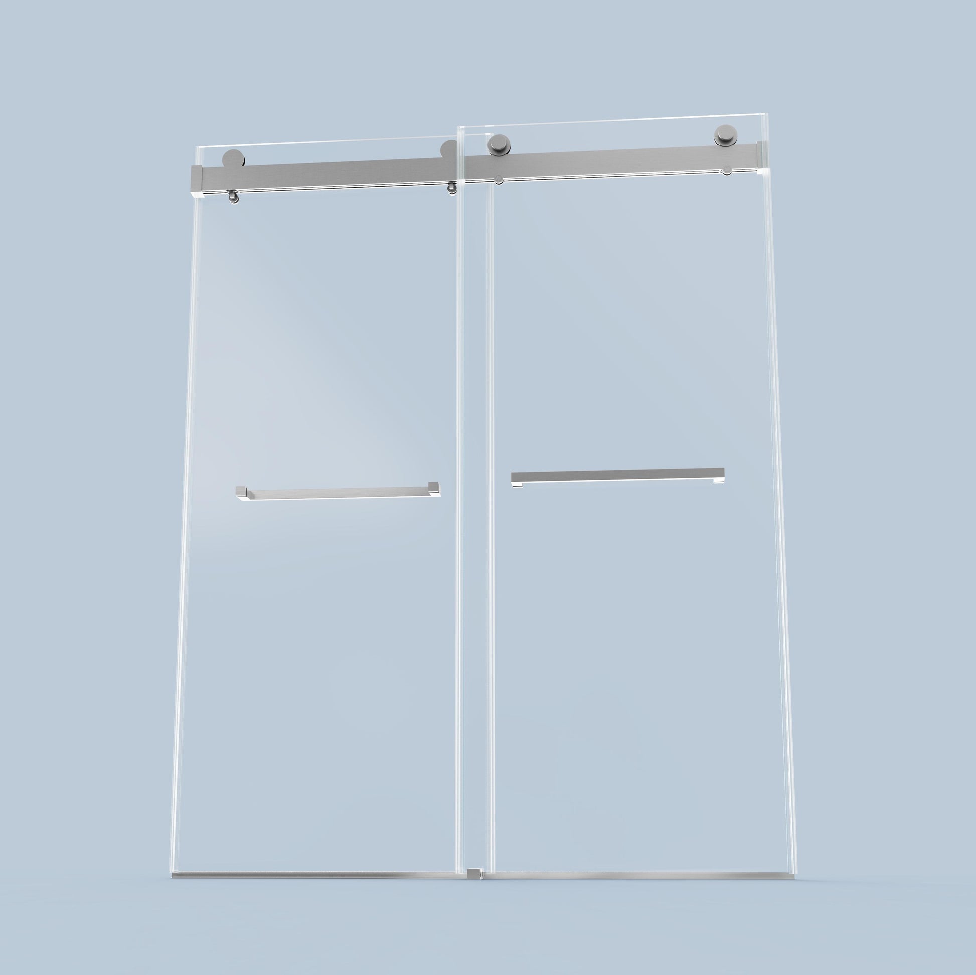 Sleek modern shower door with clear glass panels and brushed nickel hardware