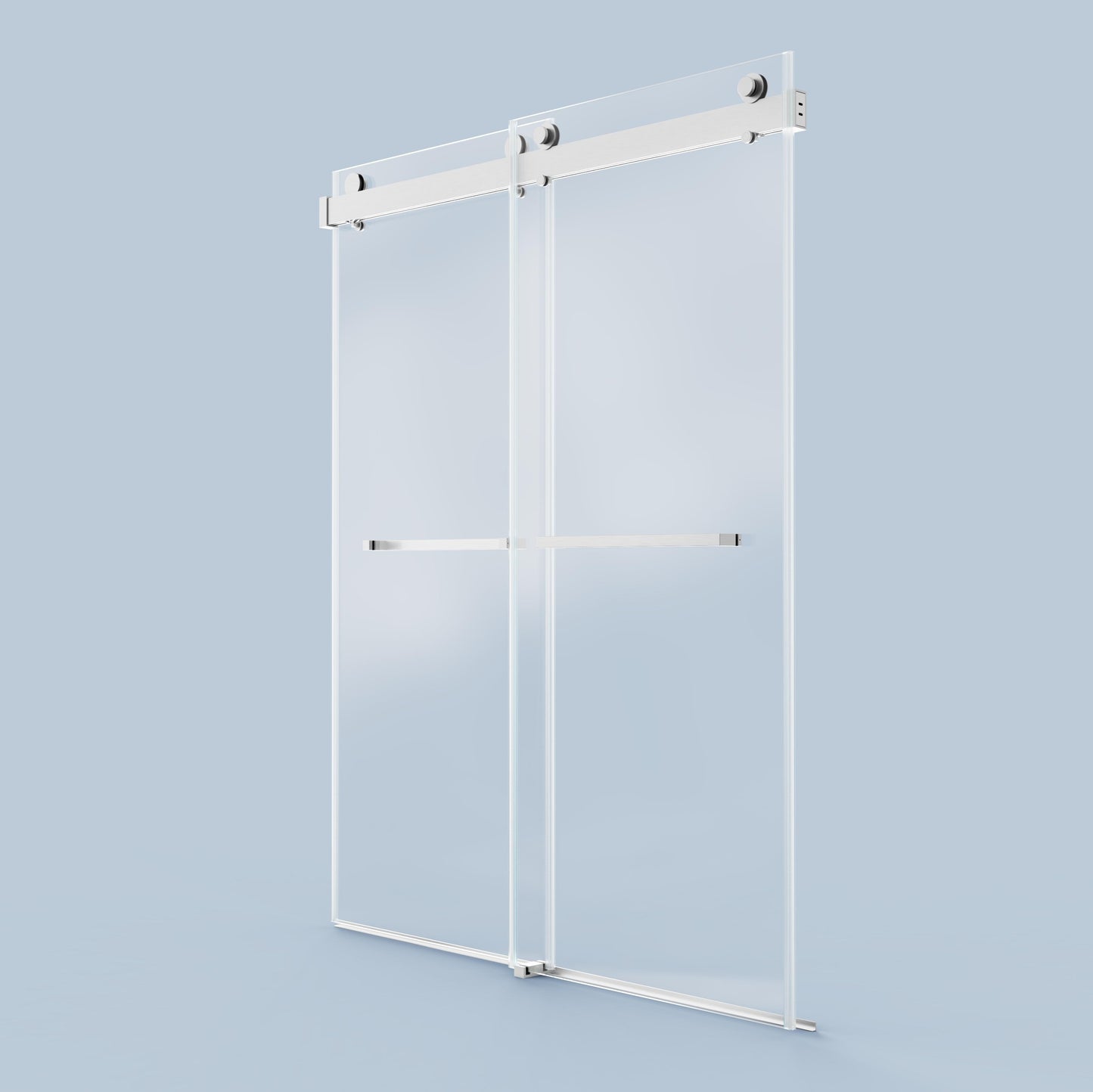 Frameless sliding glass shower door with brushed nickel hardware