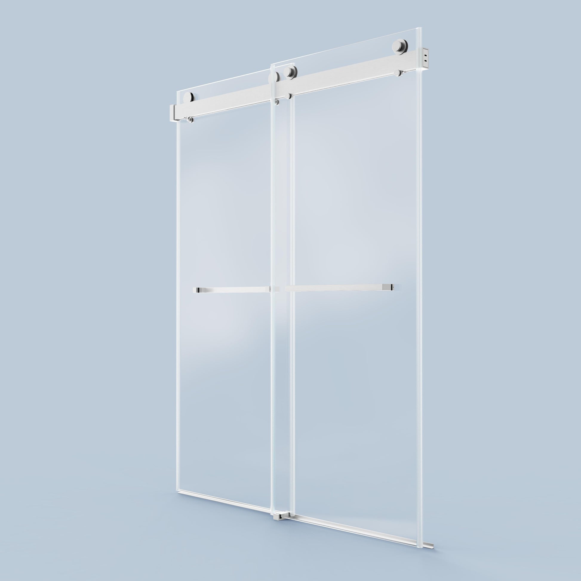 Frameless sliding glass shower door with brushed nickel hardware