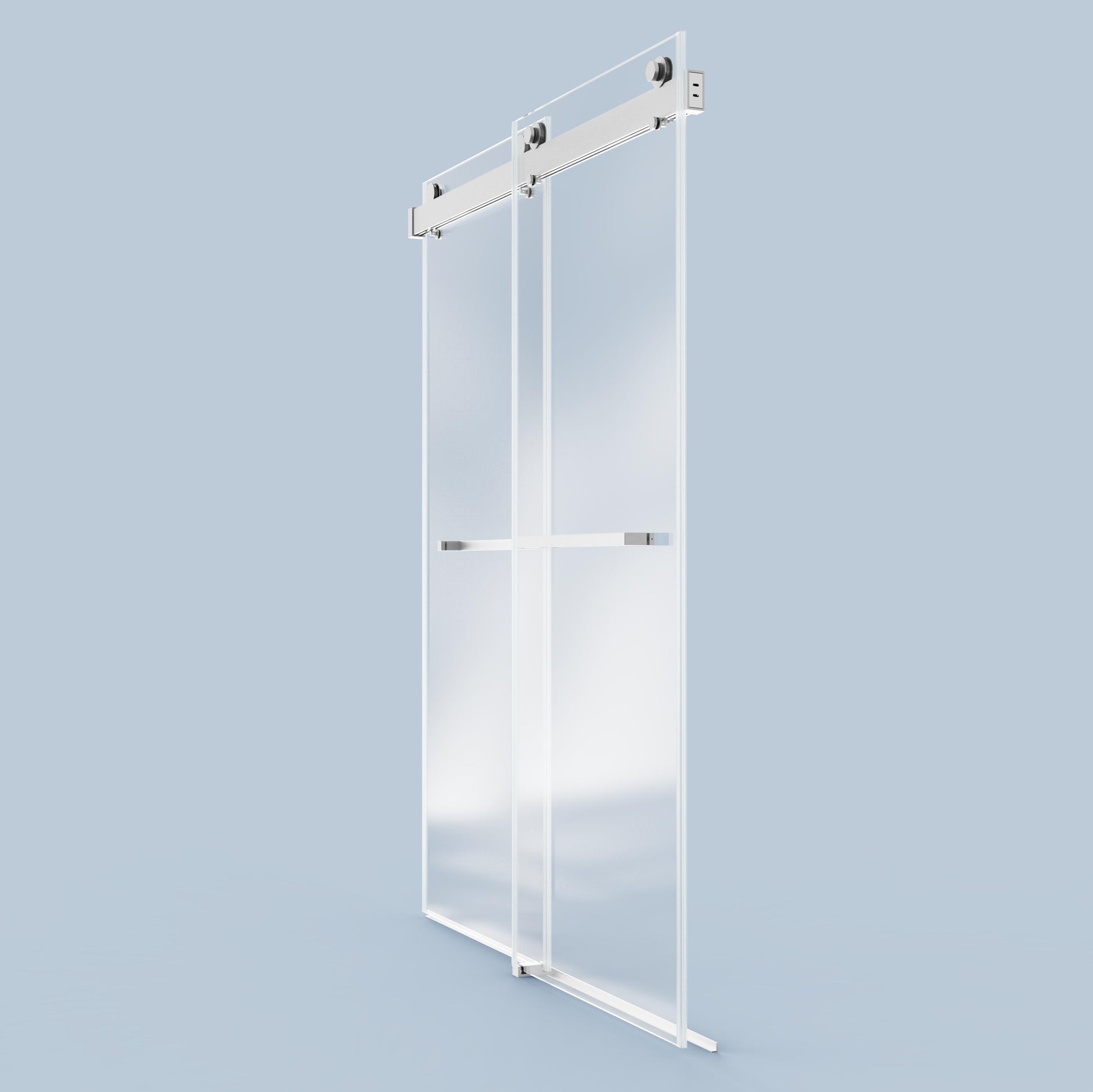 Modern clear glass sliding barn door with brushed nickel hardware