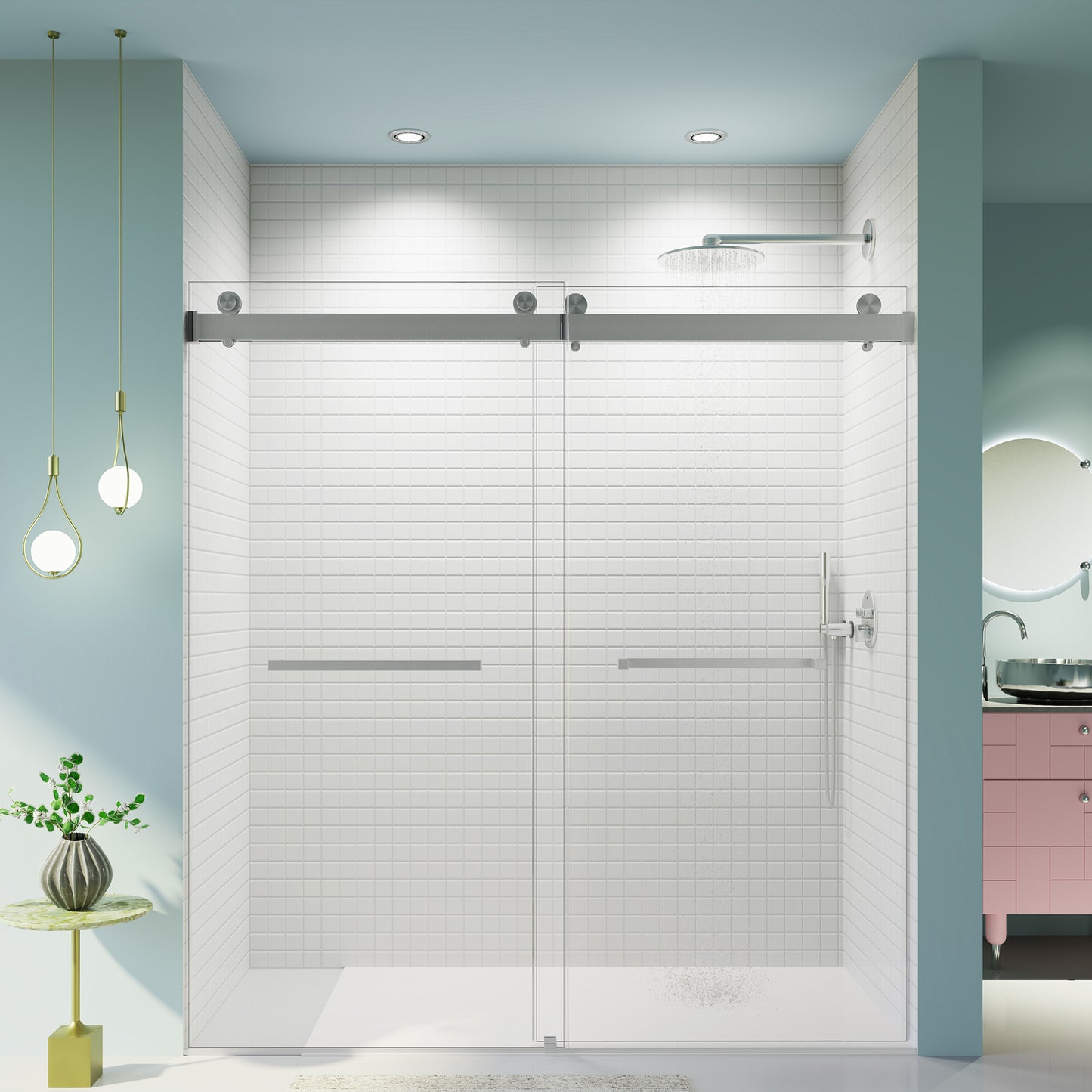 Modern sliding glass shower door with chrome hardware and white subway tile