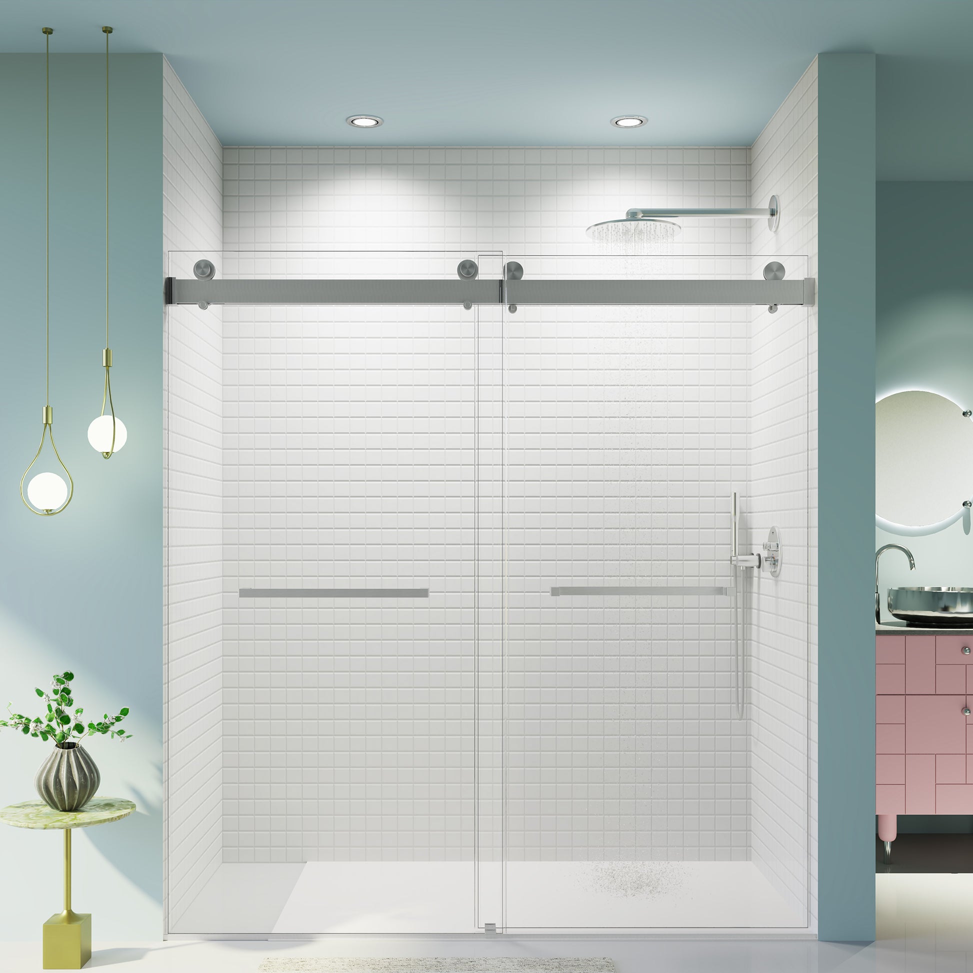 Modern sliding glass shower door with chrome hardware and white subway tile