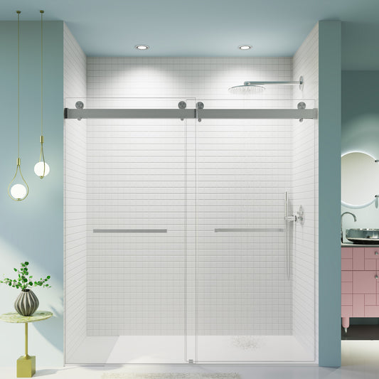 Modern sliding glass shower door with chrome hardware and white subway tile
