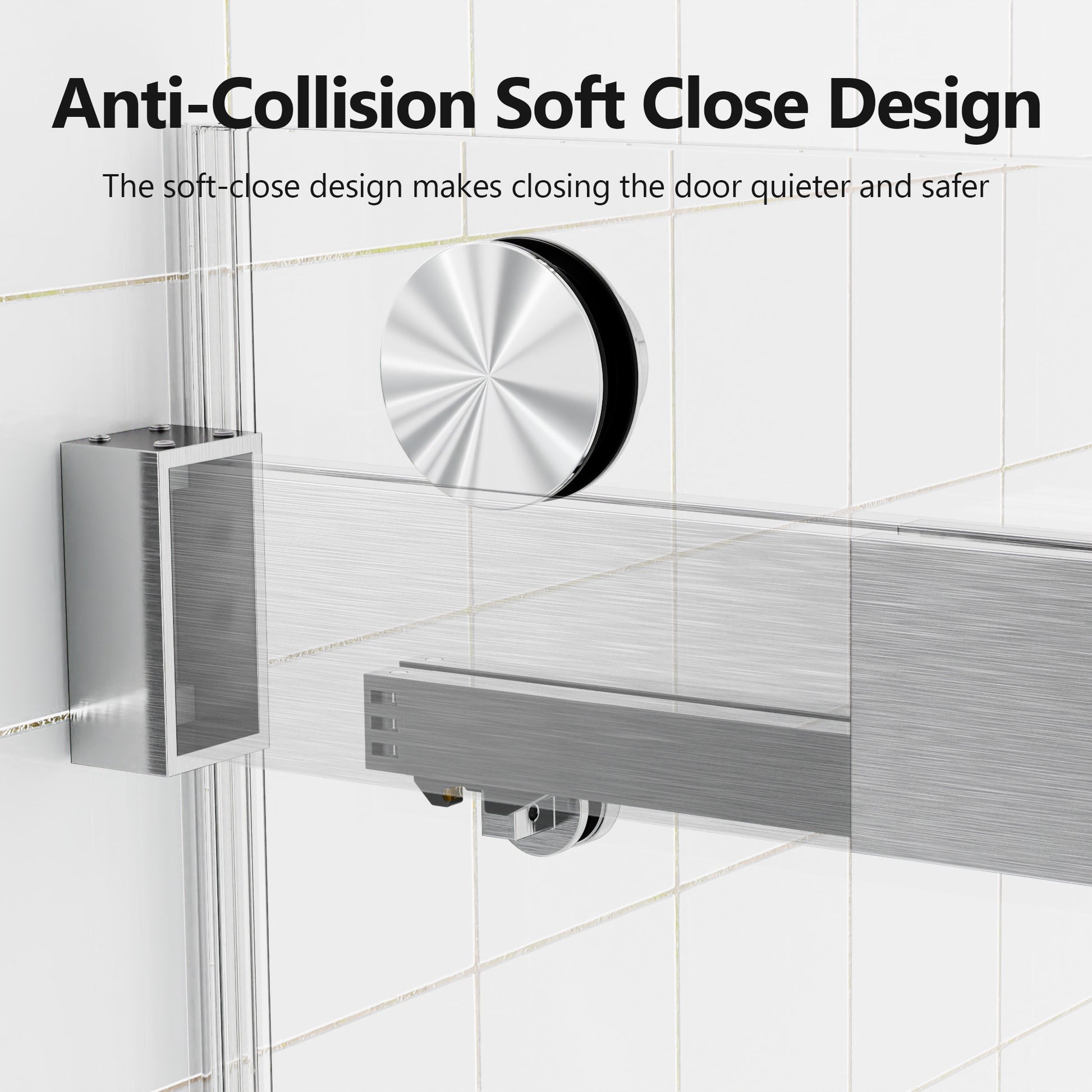 Brushed aluminum shower door handle with anticollision soft close mechanism