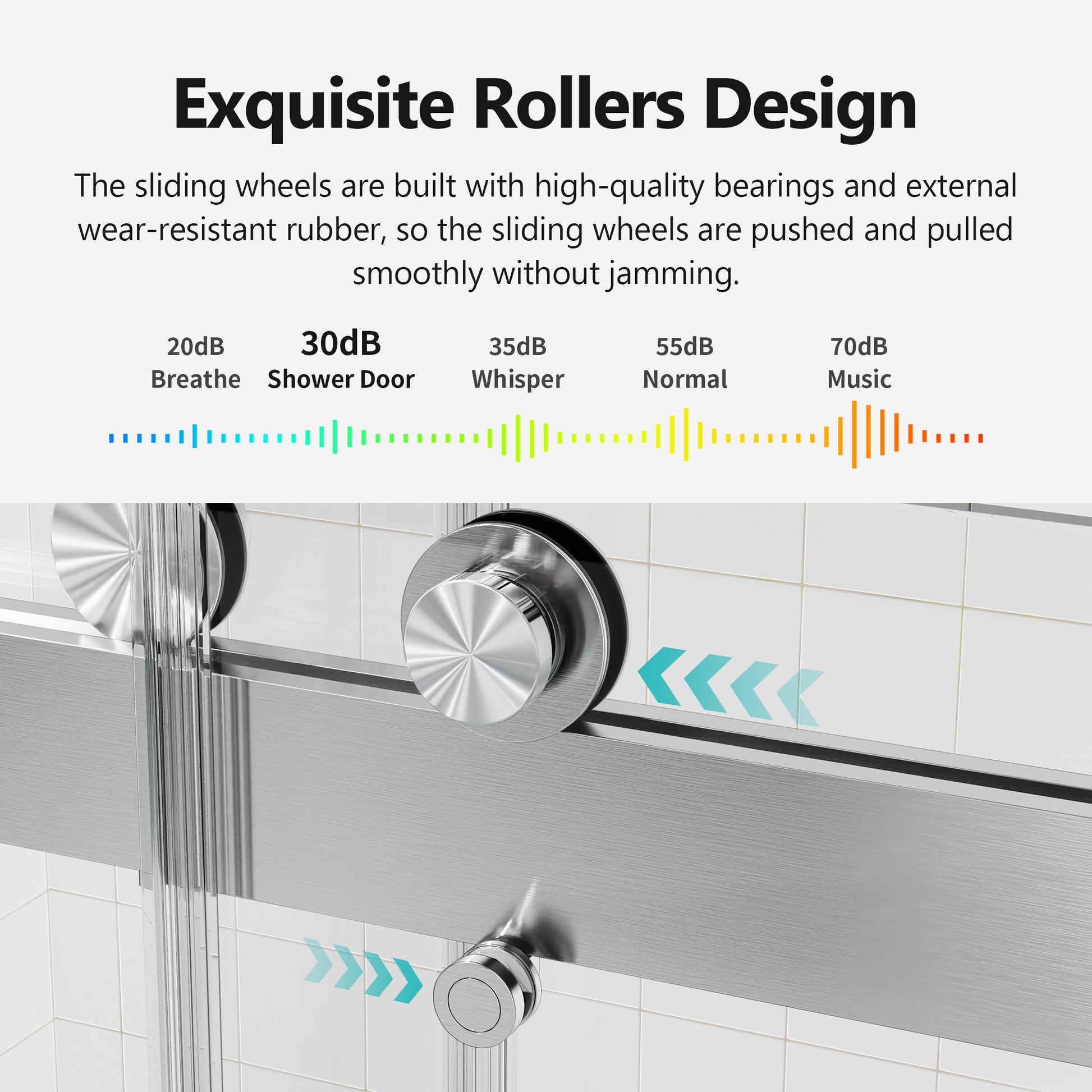 Closeup of brushed aluminum shower door rollers with smooth gliding action