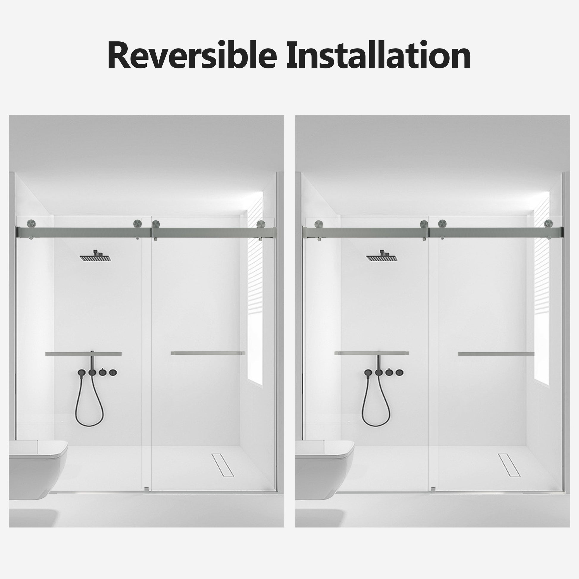 Modern frameless glass shower enclosure with brushed nickel hardware