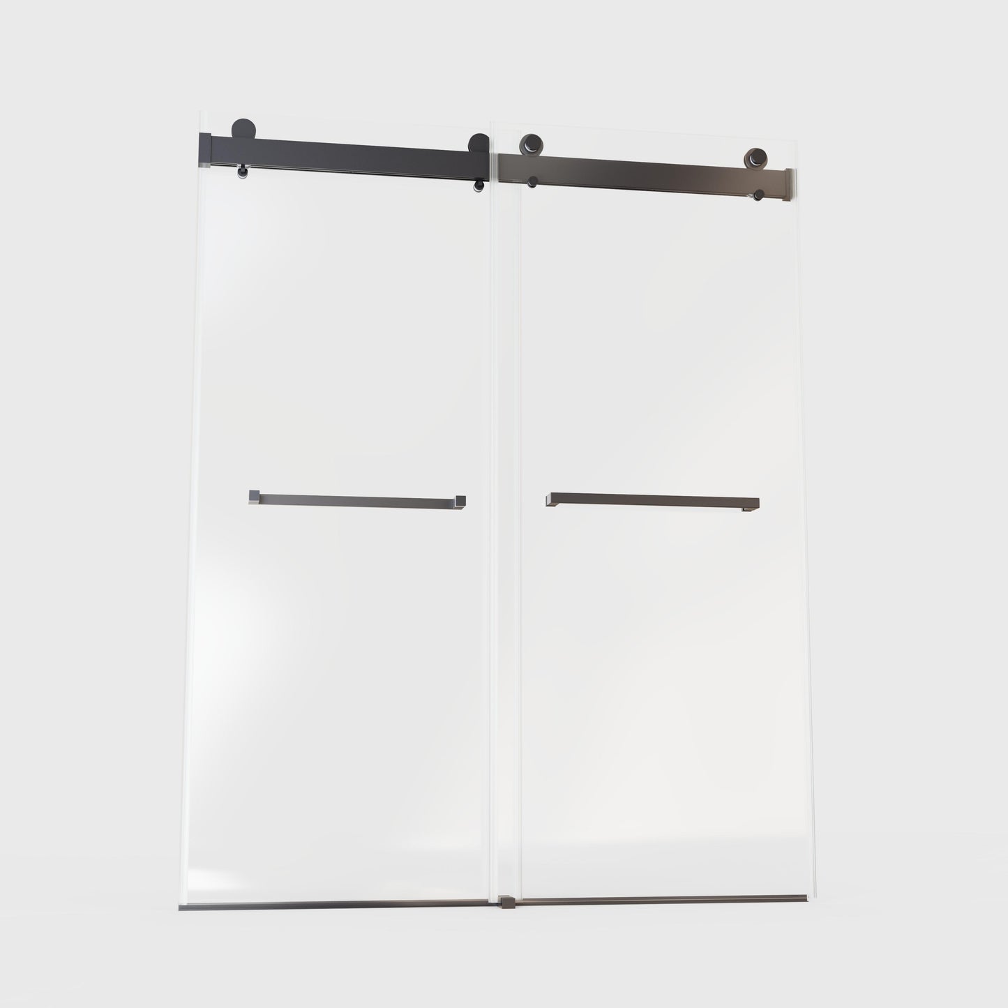 Modern clear glass shower enclosure with matte black sliding doors and hardware