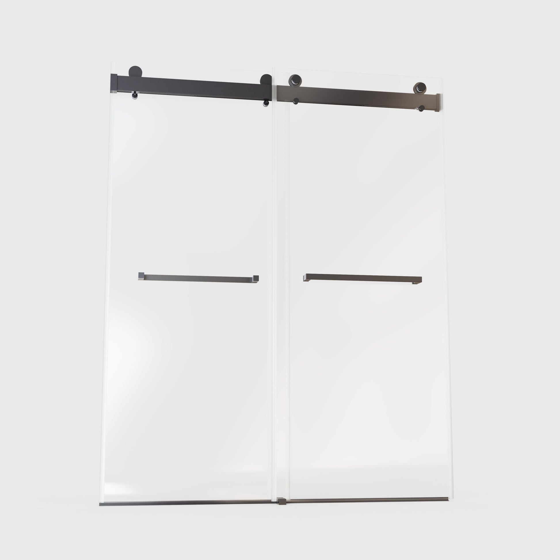 Modern clear glass shower enclosure with matte black sliding doors and hardware