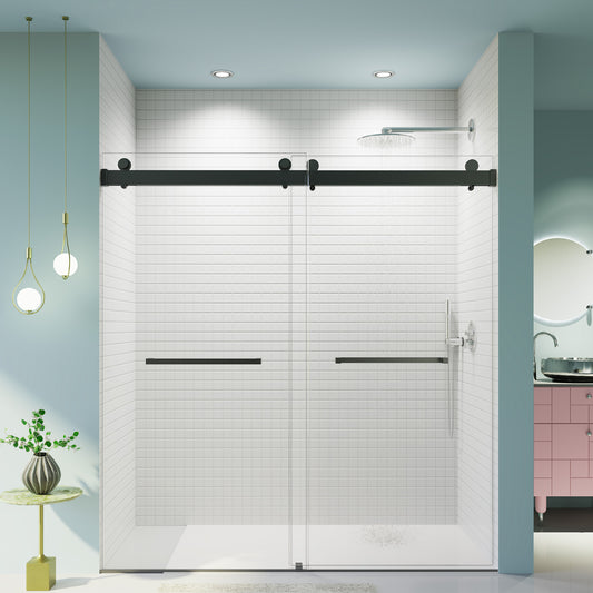 Sleek blackframed glass shower enclosure with sliding doors and white subway tile walls