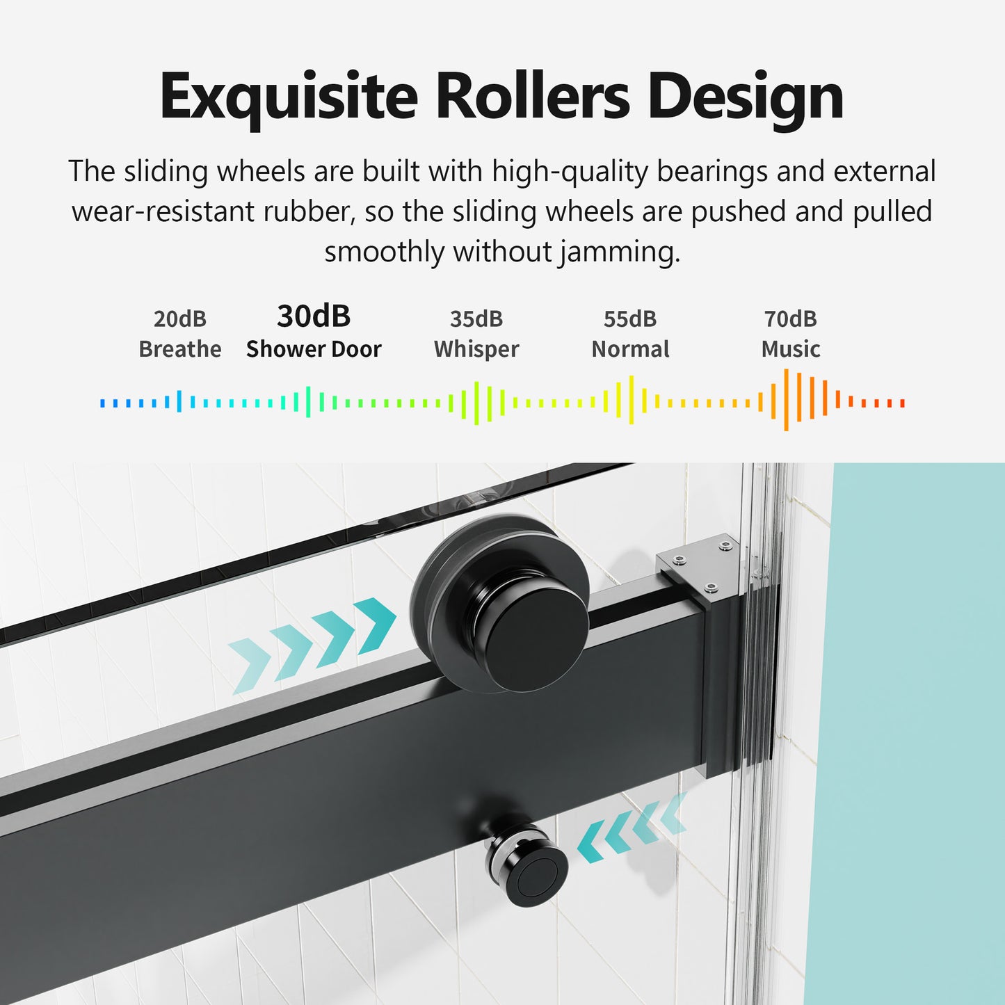 Closeup of smooth sliding shower door rollers with black finish