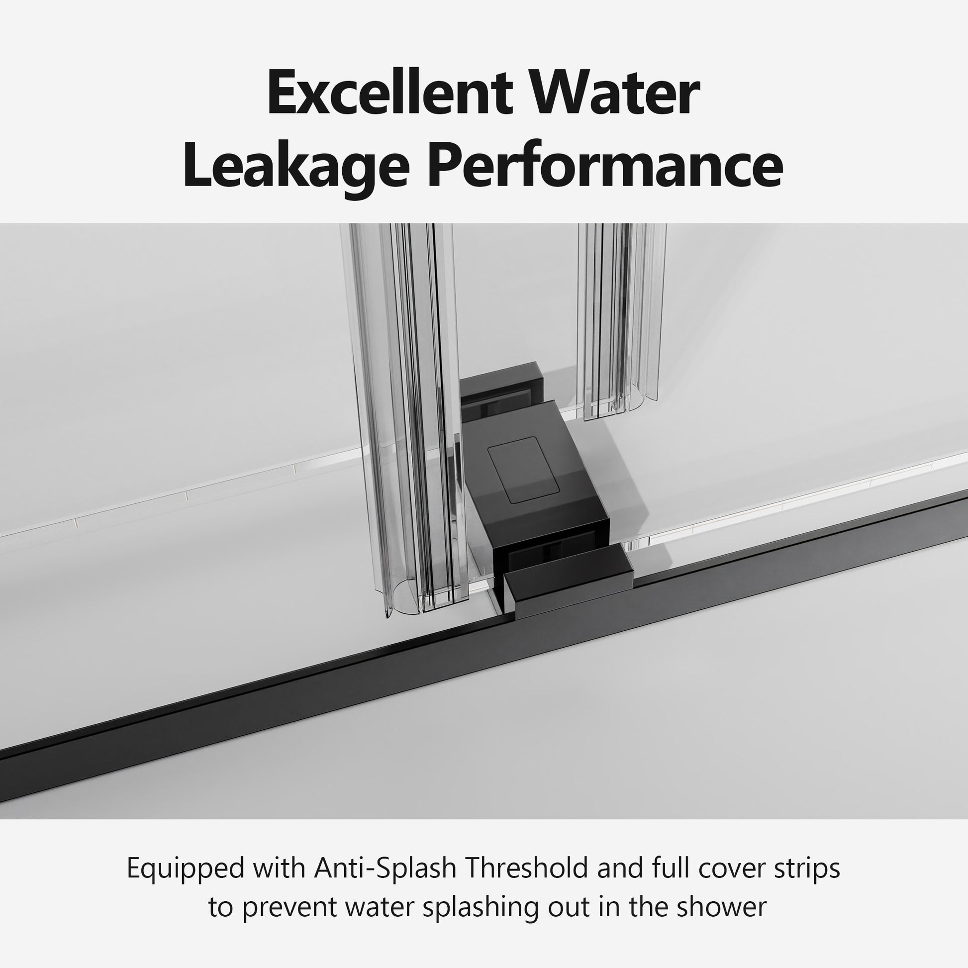 Black framed shower door with antisplash threshold for water containment