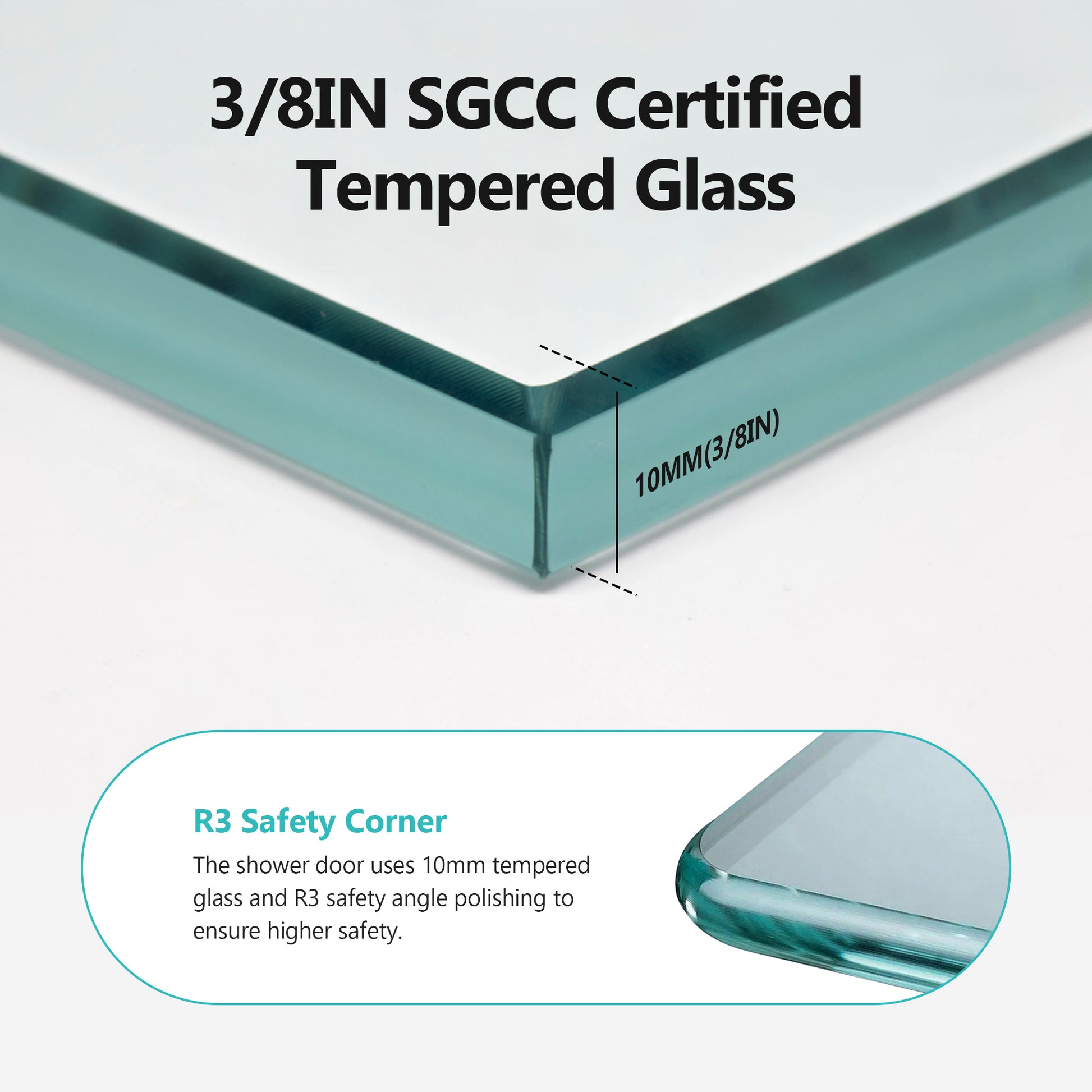 Closeup of  inch SGCC certified tempered glass with a smooth R safety corner edge detail