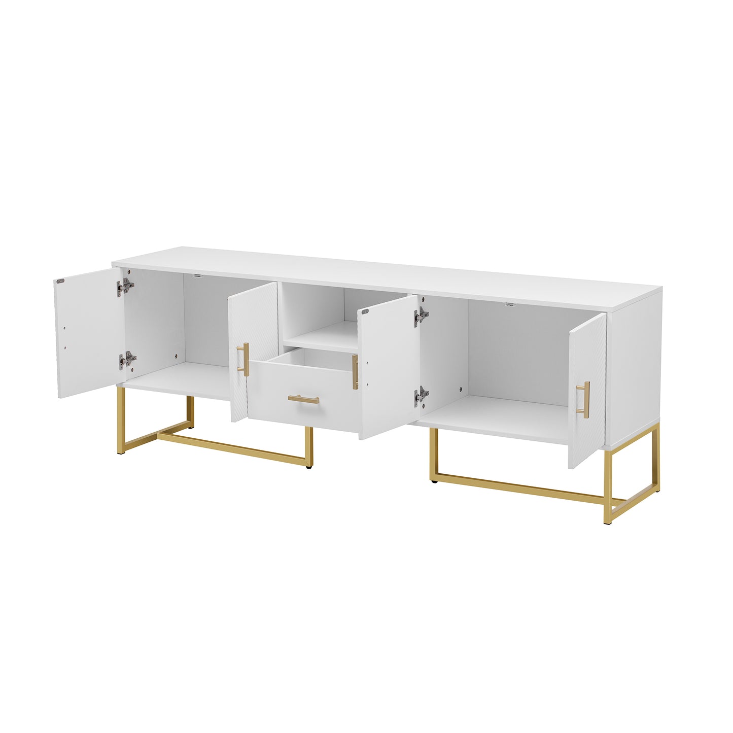 White media console with gold legs and open doors showing storage shelves