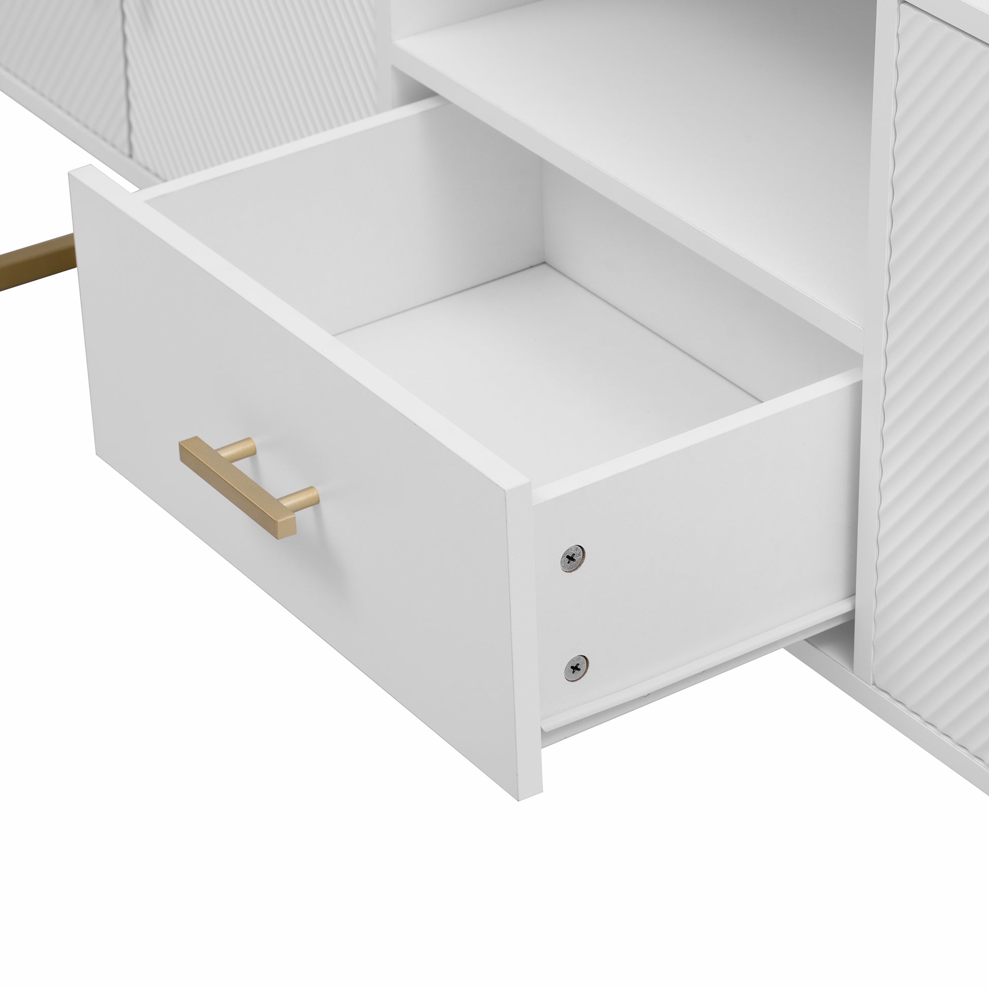 White dresser drawer with gold handle and ribbed side detail
