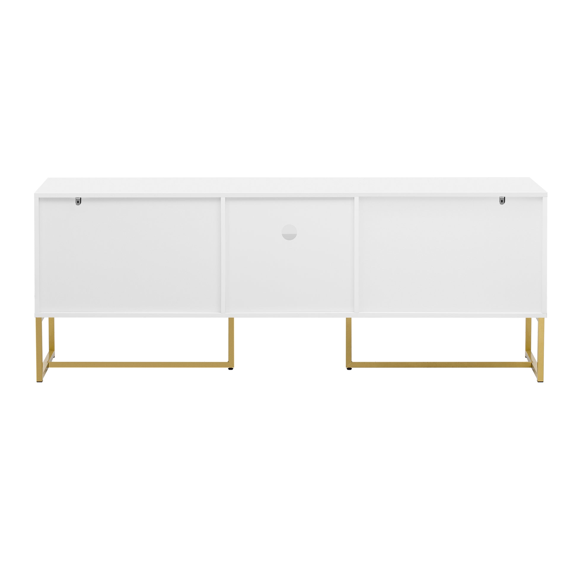 White modern media console with gold metal legs and cable management hole
