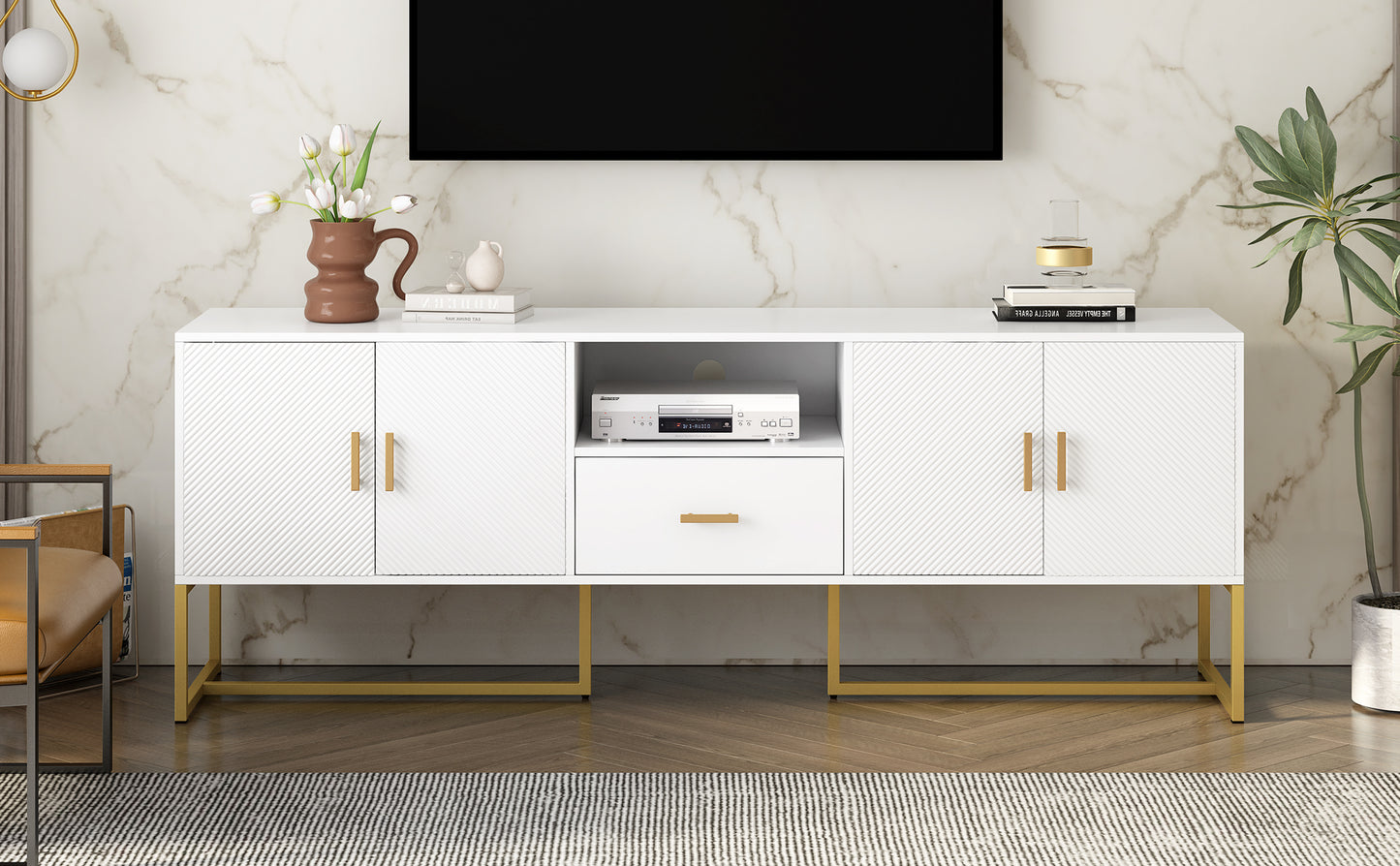 White modern media console with gold legs and fluted door fronts