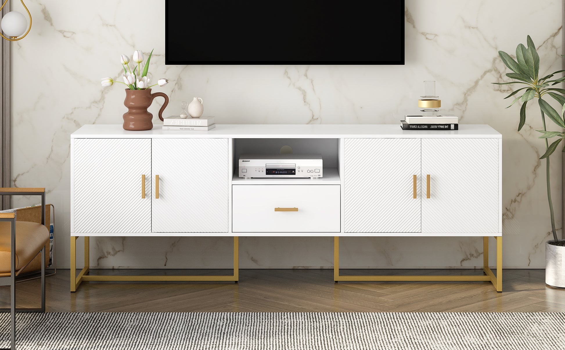 White modern media console with gold legs and fluted door fronts