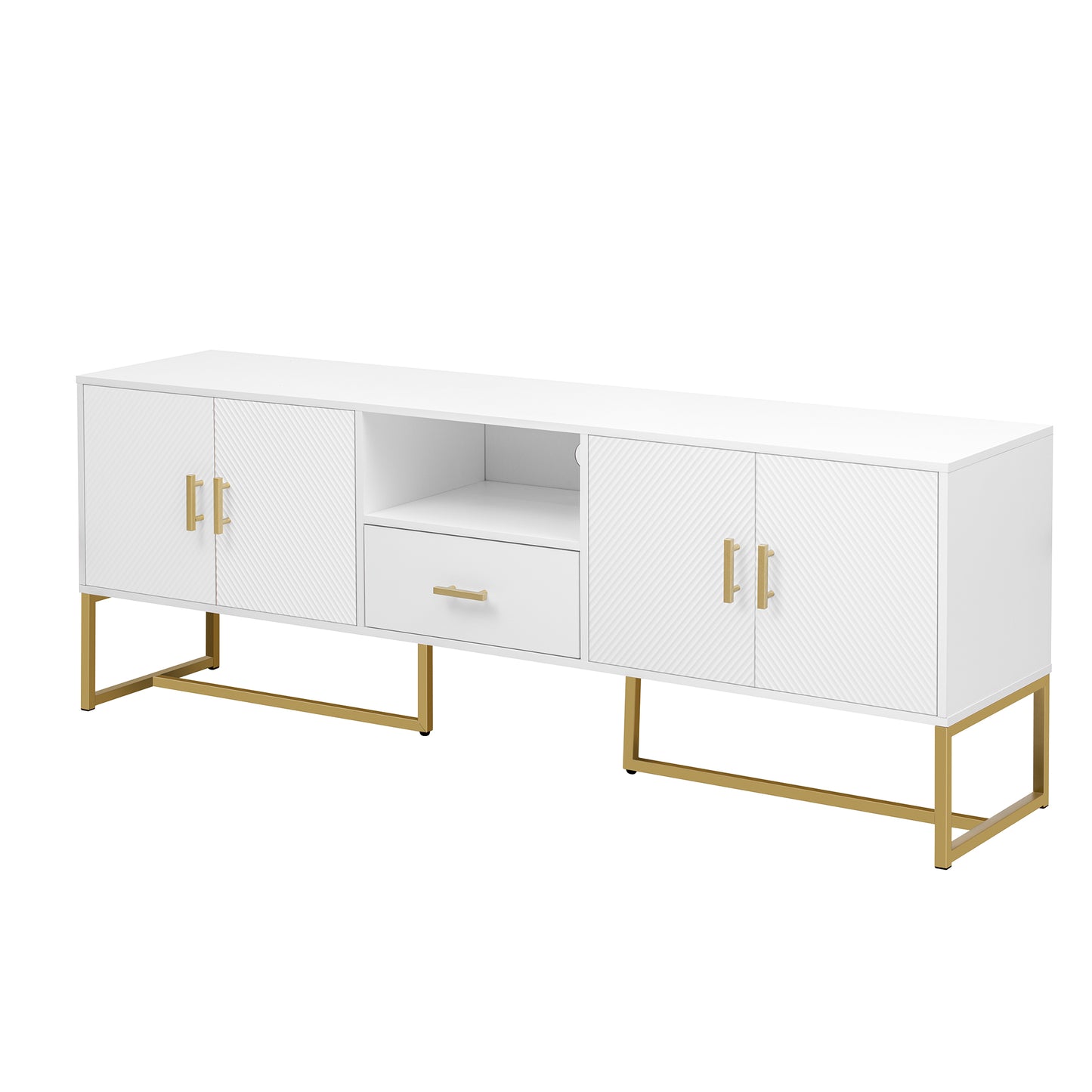 White media console with gold legs and textured doors