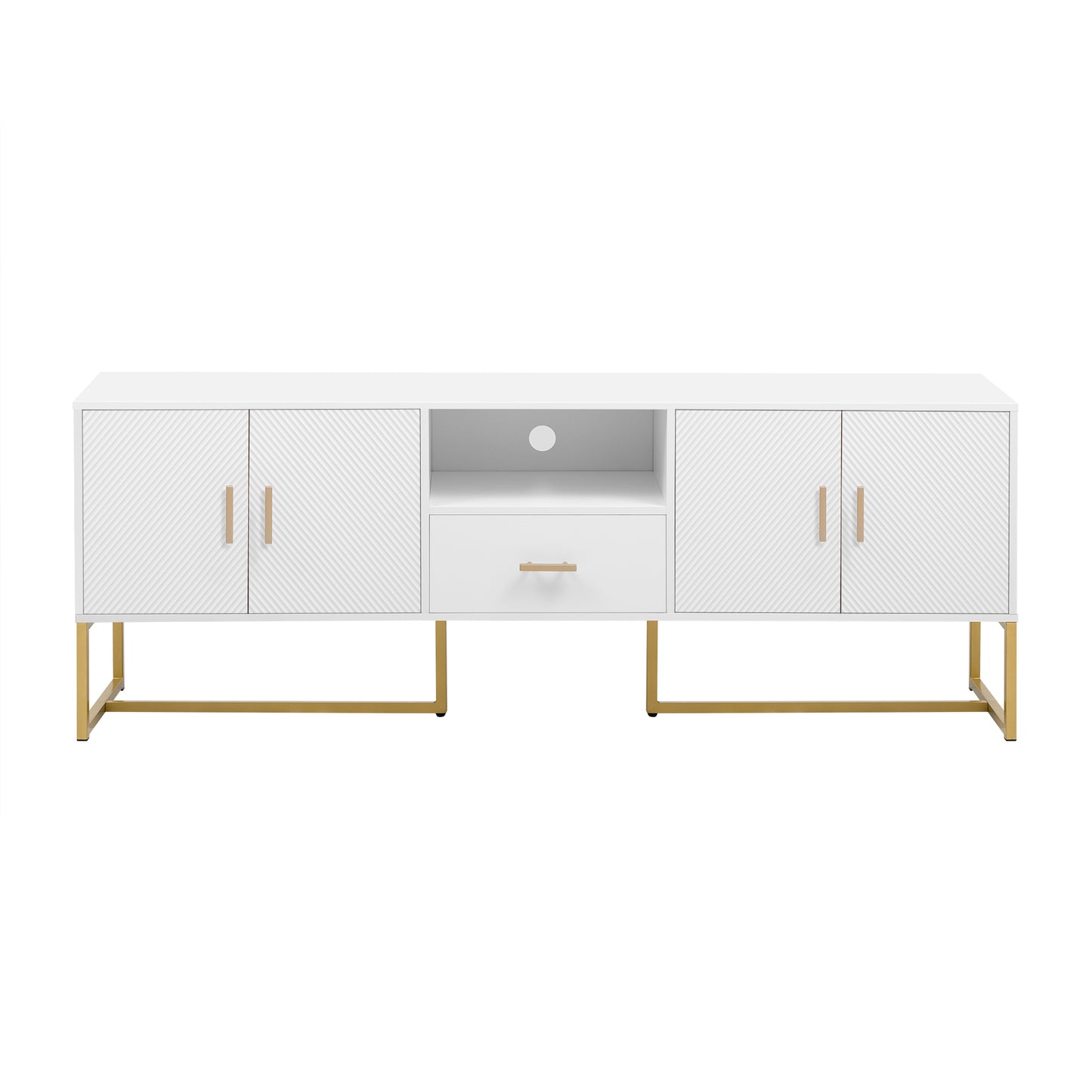 White media console with textured doors and gold legs