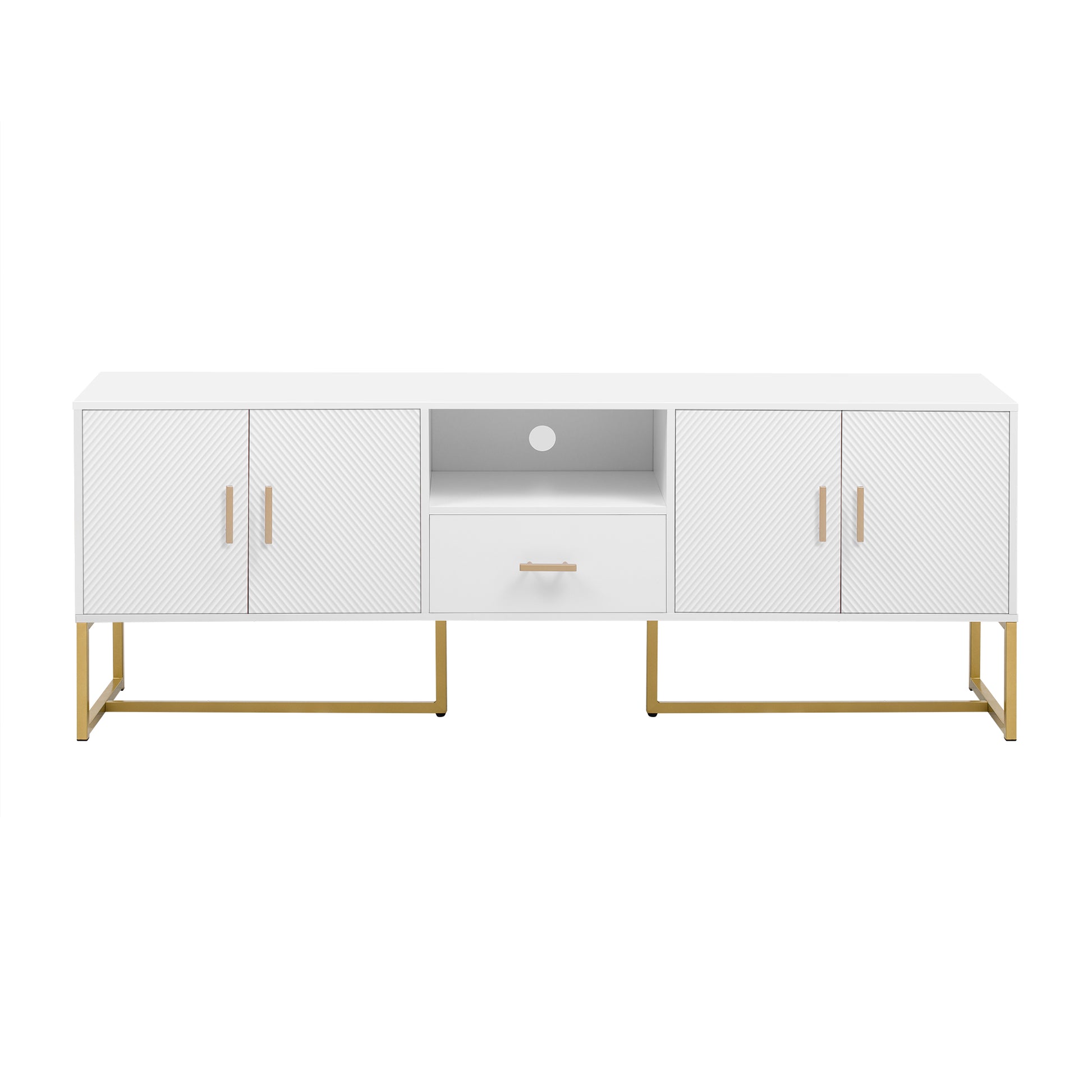 White media console with textured doors and gold legs