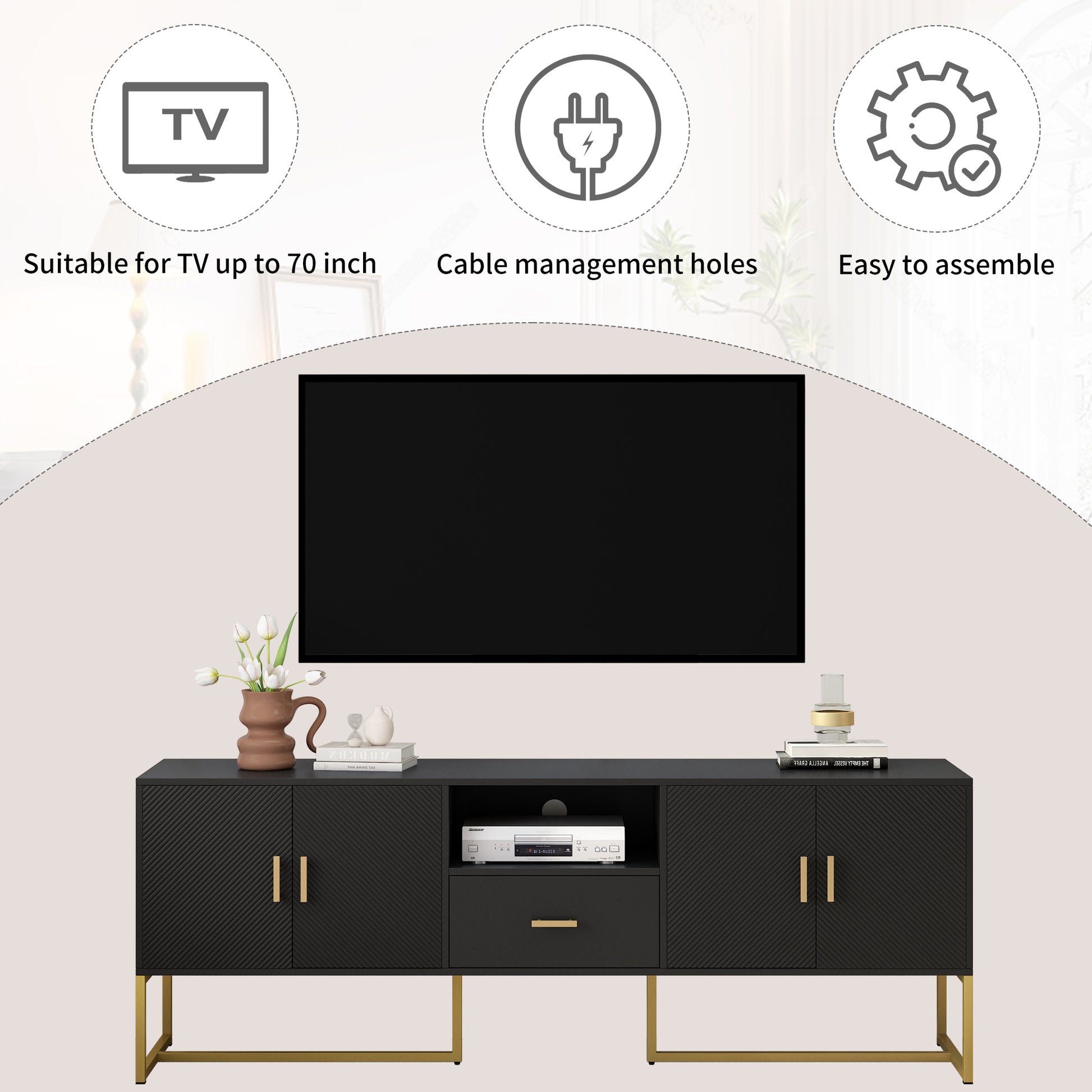 Black media console with gold legs ribbed doors and open shelf for entertainment