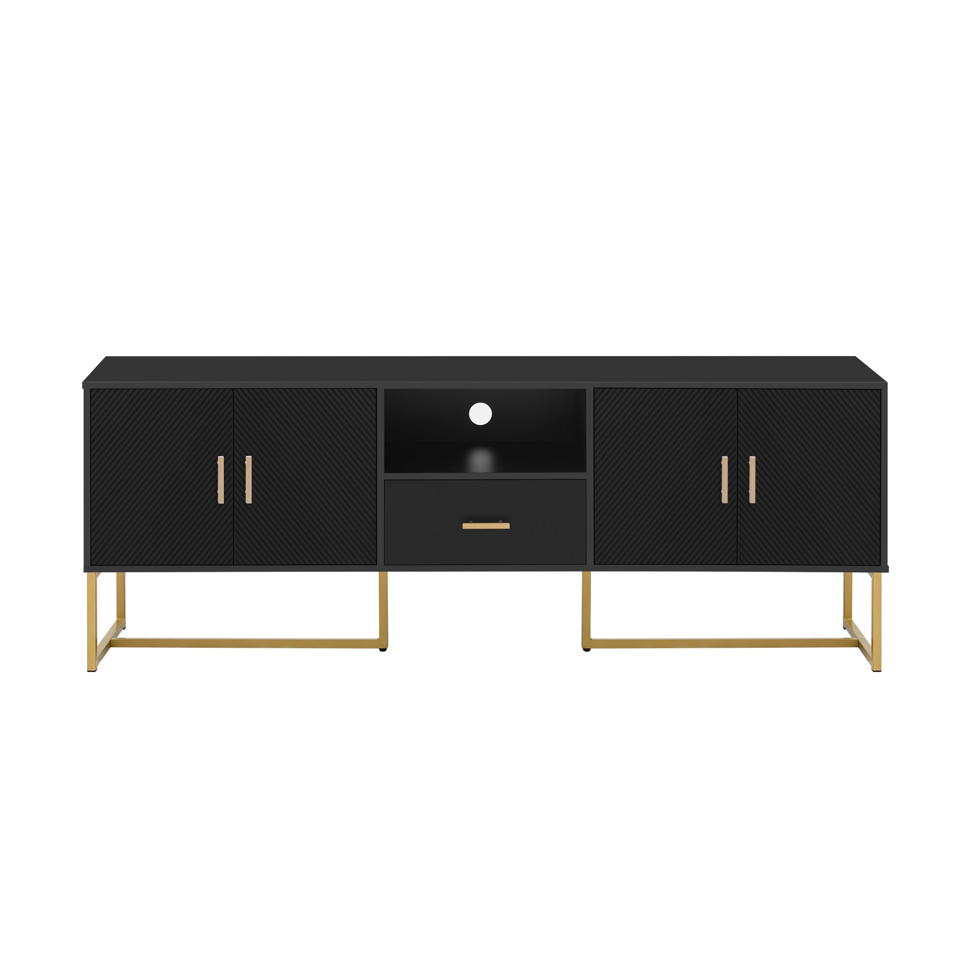 Black chevron media console with gold legs and brass handles
