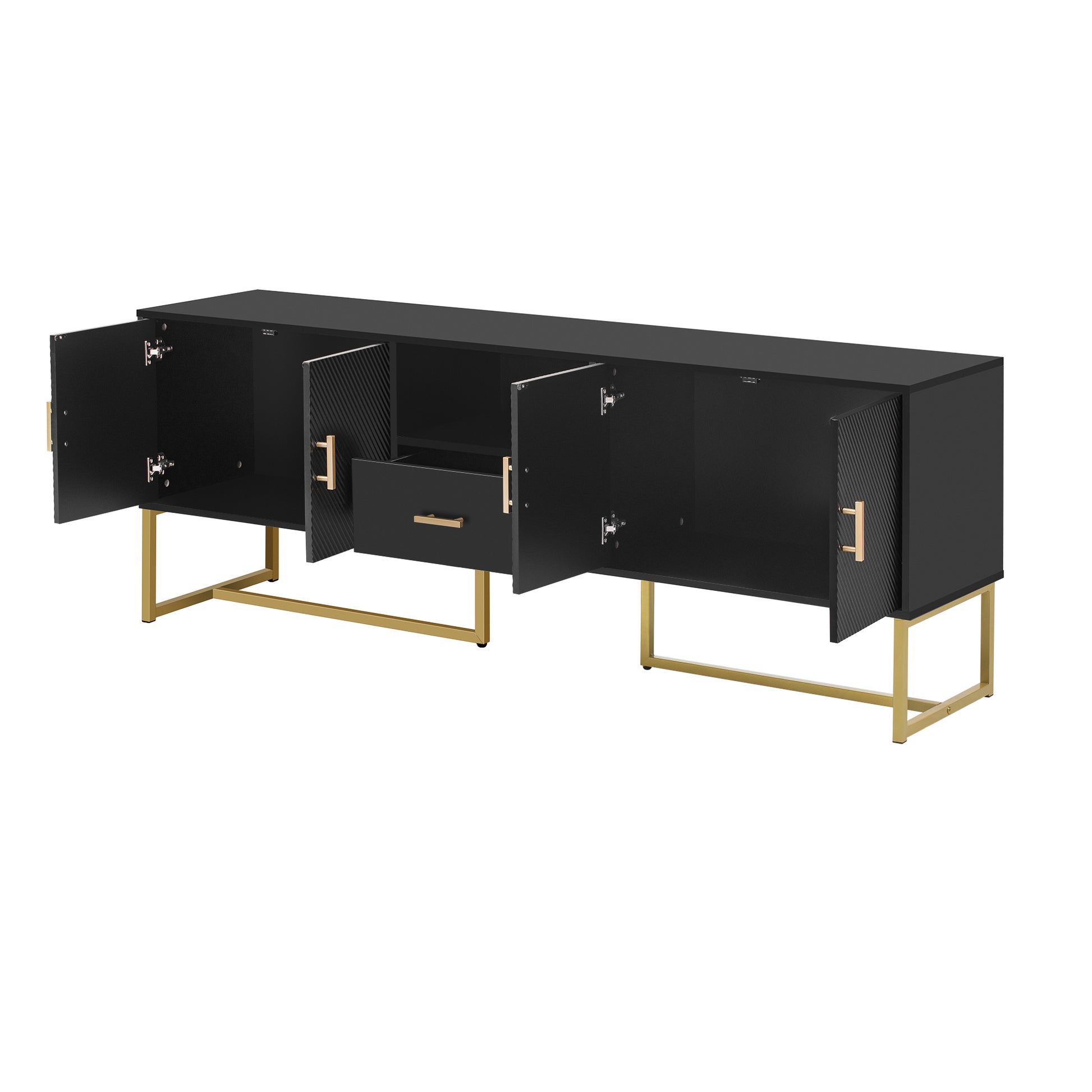 Black modern sideboard with gold metal legs and gold handles
