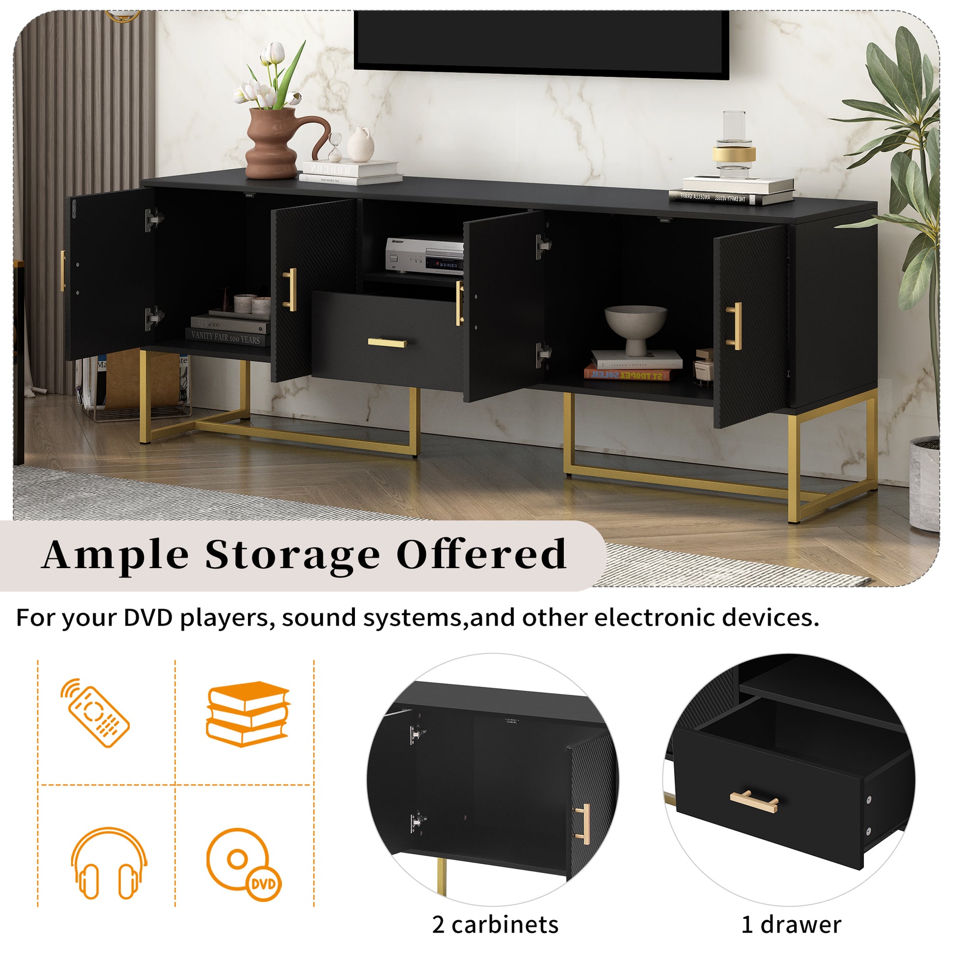 Black media console with gold legs featuring textured cabinet doors and ample storage space