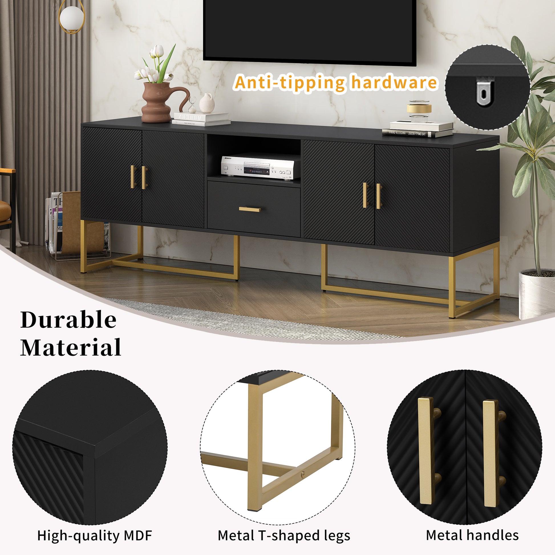 Black media console with gold metal Tshaped legs and gold bar handles
