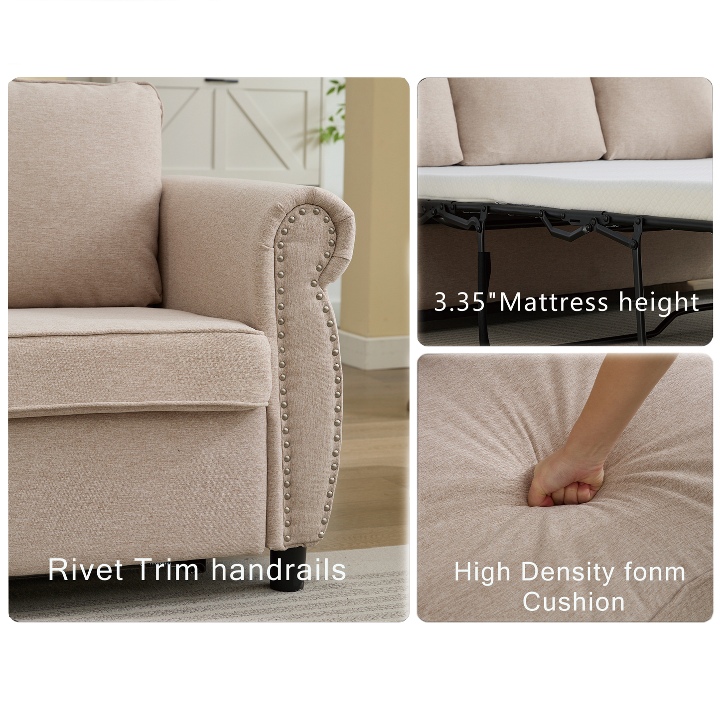 Tan fabric sofa armrest with decorative rivet trim closeup view