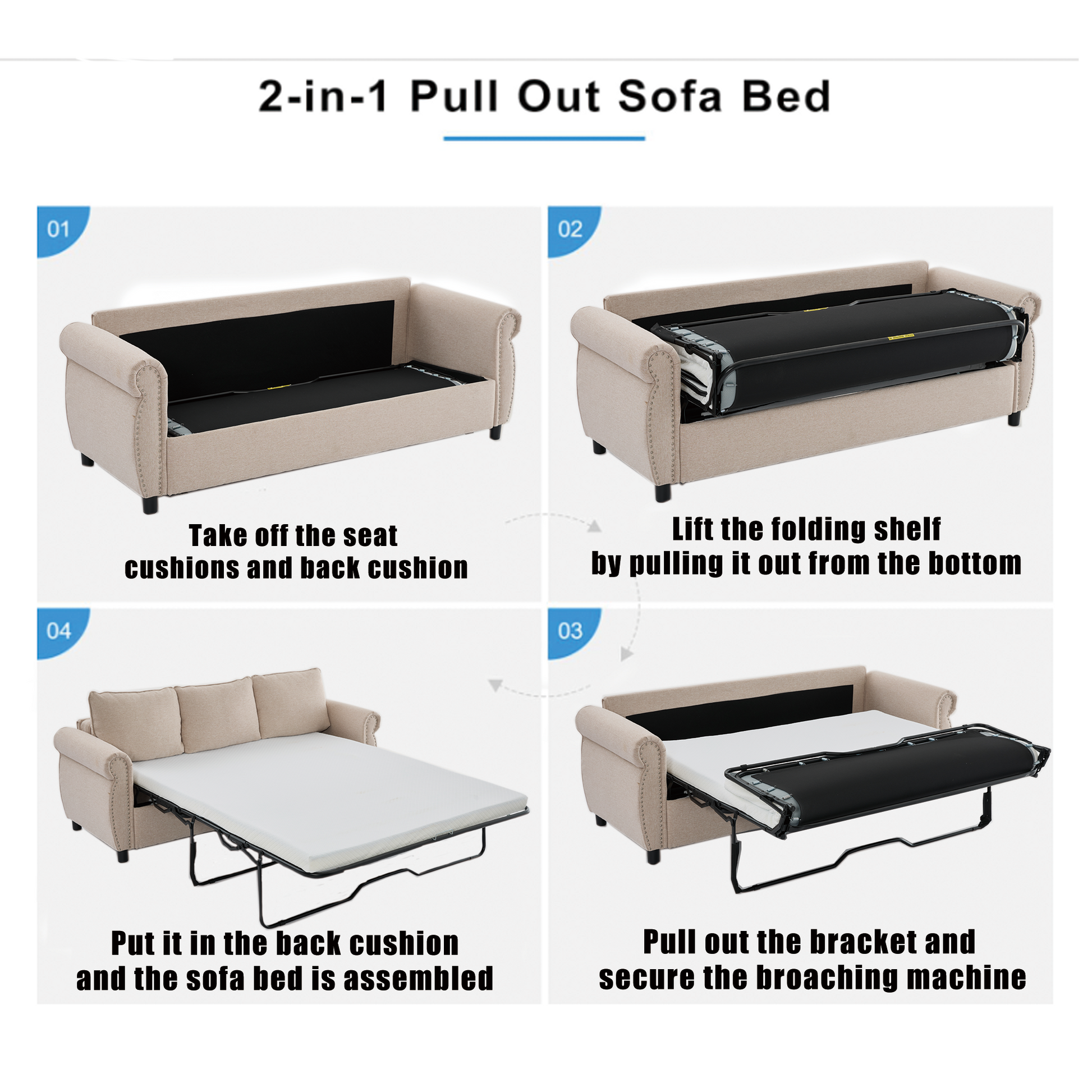 Beige upholstered in pull out sofa bed with storage compartment
