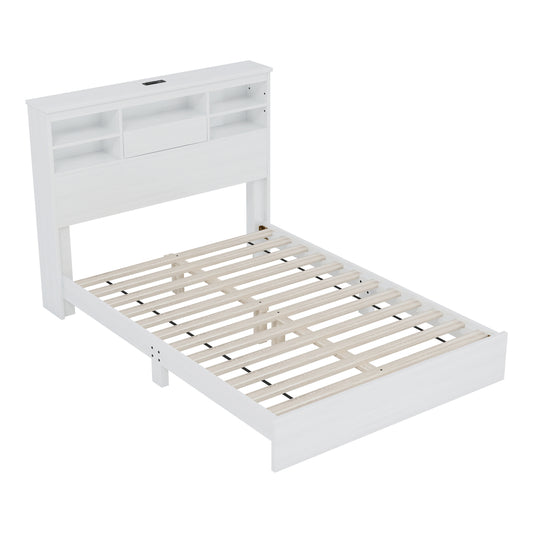 White twin bed frame with bookshelf headboard and integrated charging port