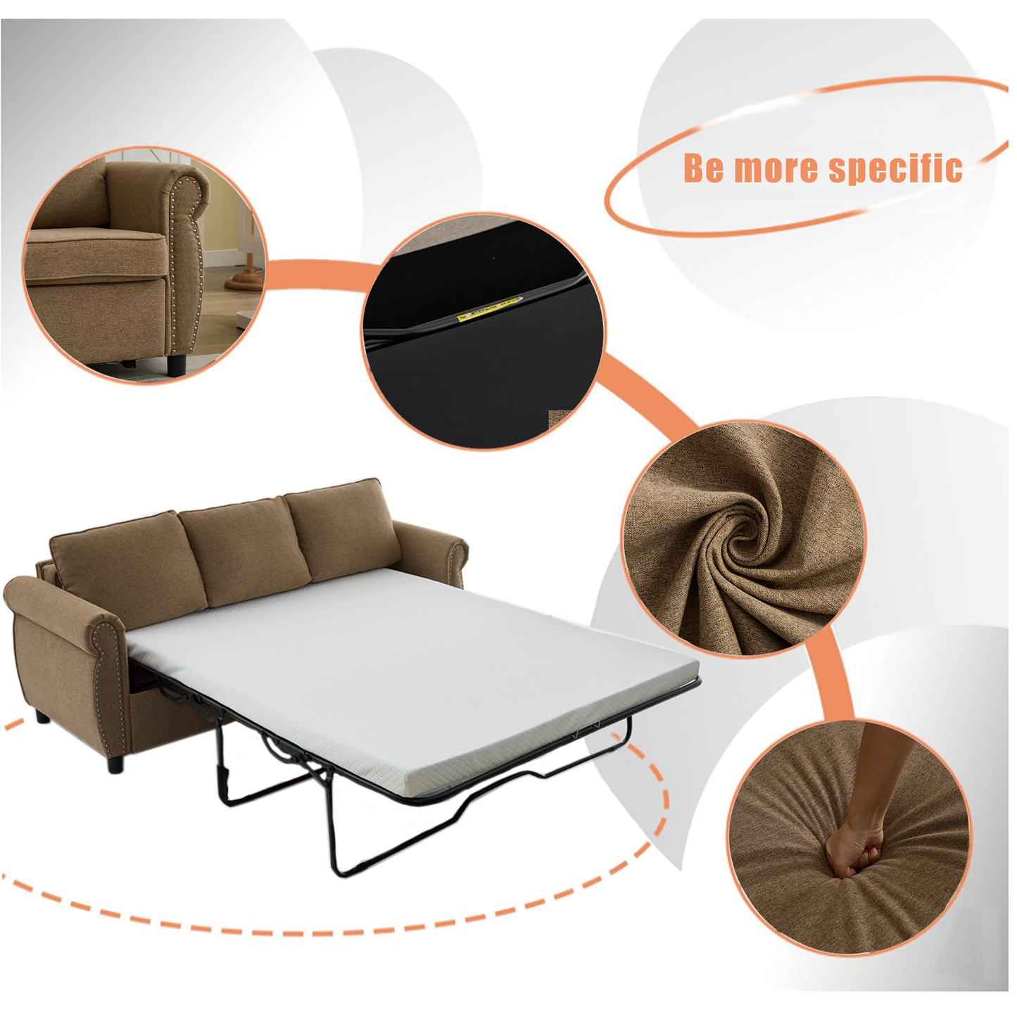Brown fabric sleeper sofa with mattress extended for sleeping convenience