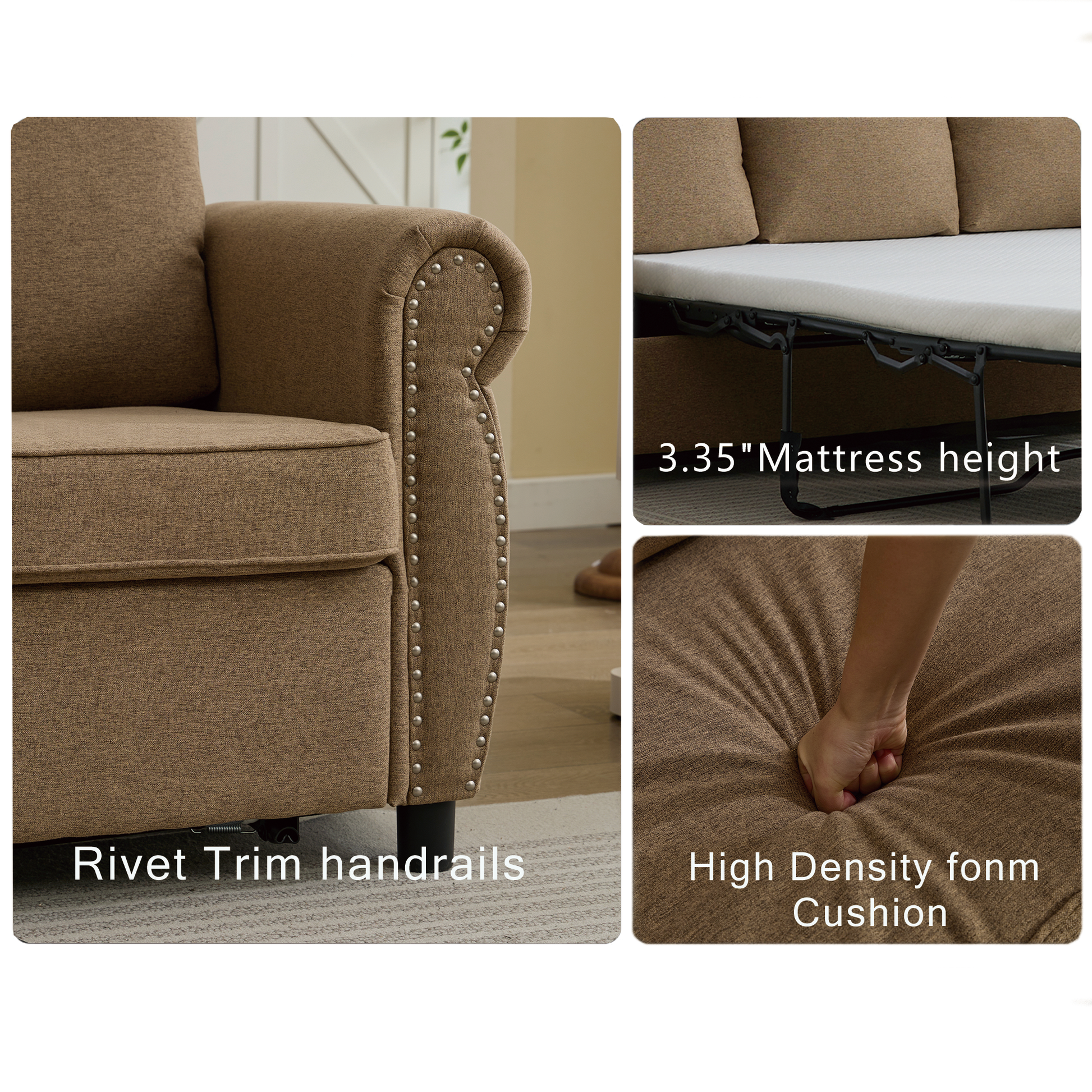 Brown fabric sofa with detailed rivet trim on armrests for a classic look
