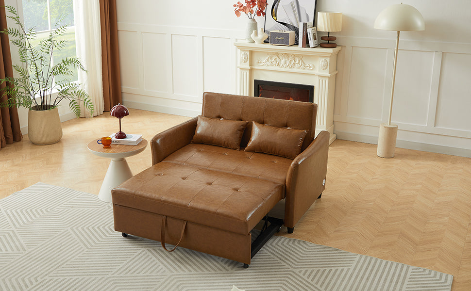 Brown faux leather sofa bed with pullout mattress