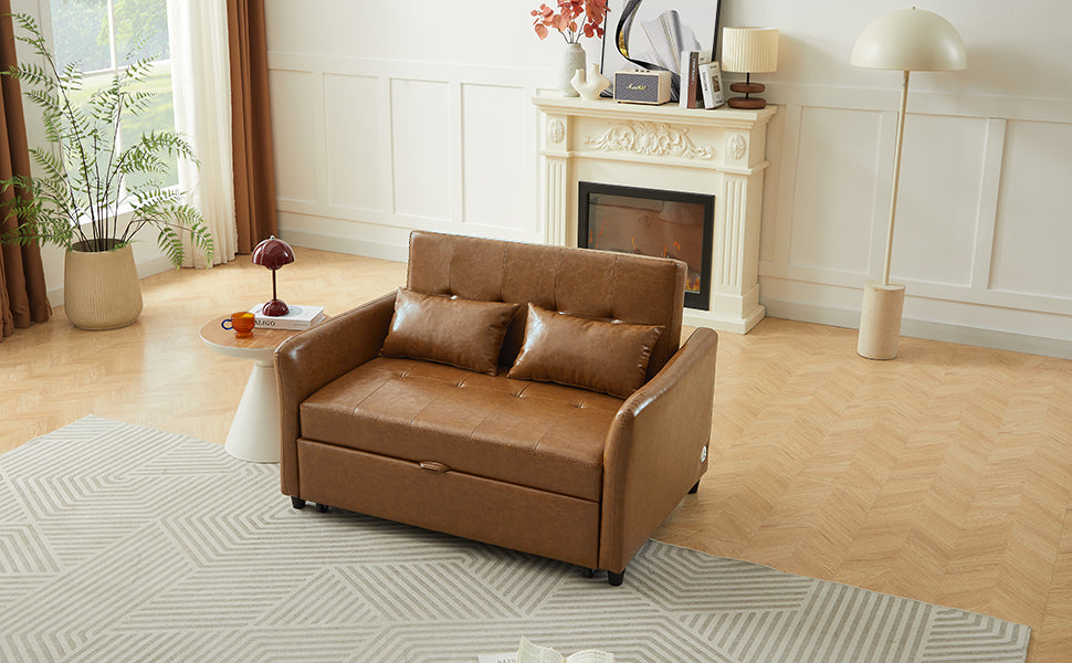 Brown faux leather sleeper sofa with two cushions