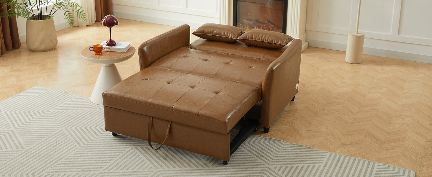 Brown faux leather convertible sofa bed with pullout storage